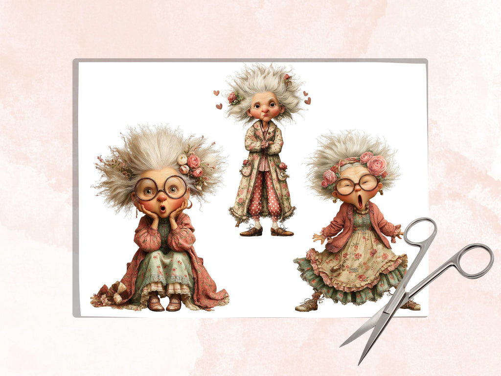 Crazy Grandma Fussy Cut Bundle, 40 Funny Grandma Cutouts, Whimsical Ephemera for Junk Journal Scrapbook