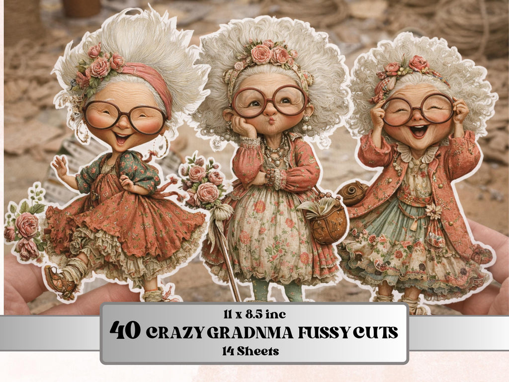 Crazy Grandma Fussy Cut Bundle, 40 Funny Grandma Cutouts, Whimsical Ephemera for Junk Journal Scrapbook