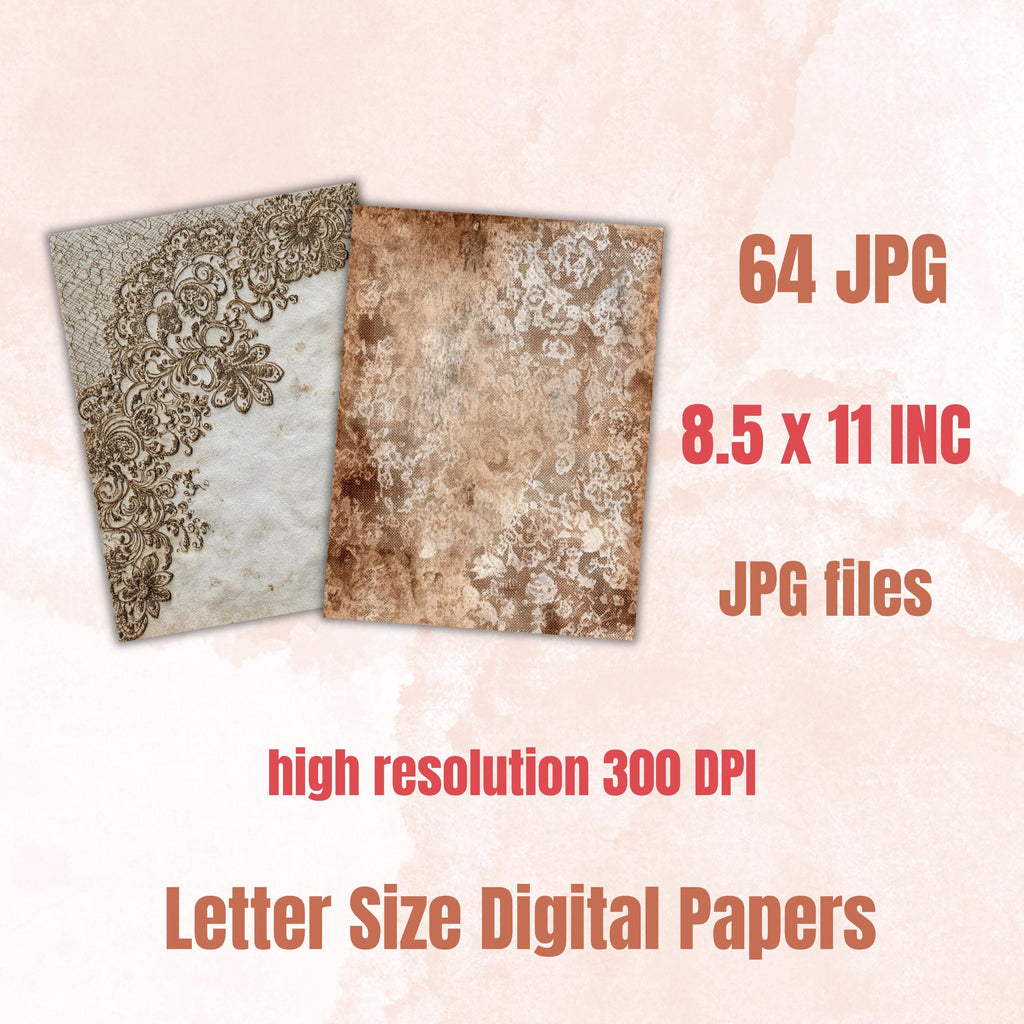 Grunge Lace Pages, Vintage Lace Backgrounds, Shabby Chic Junk Journal Paper, Elegant Collage Printable, Letter Size