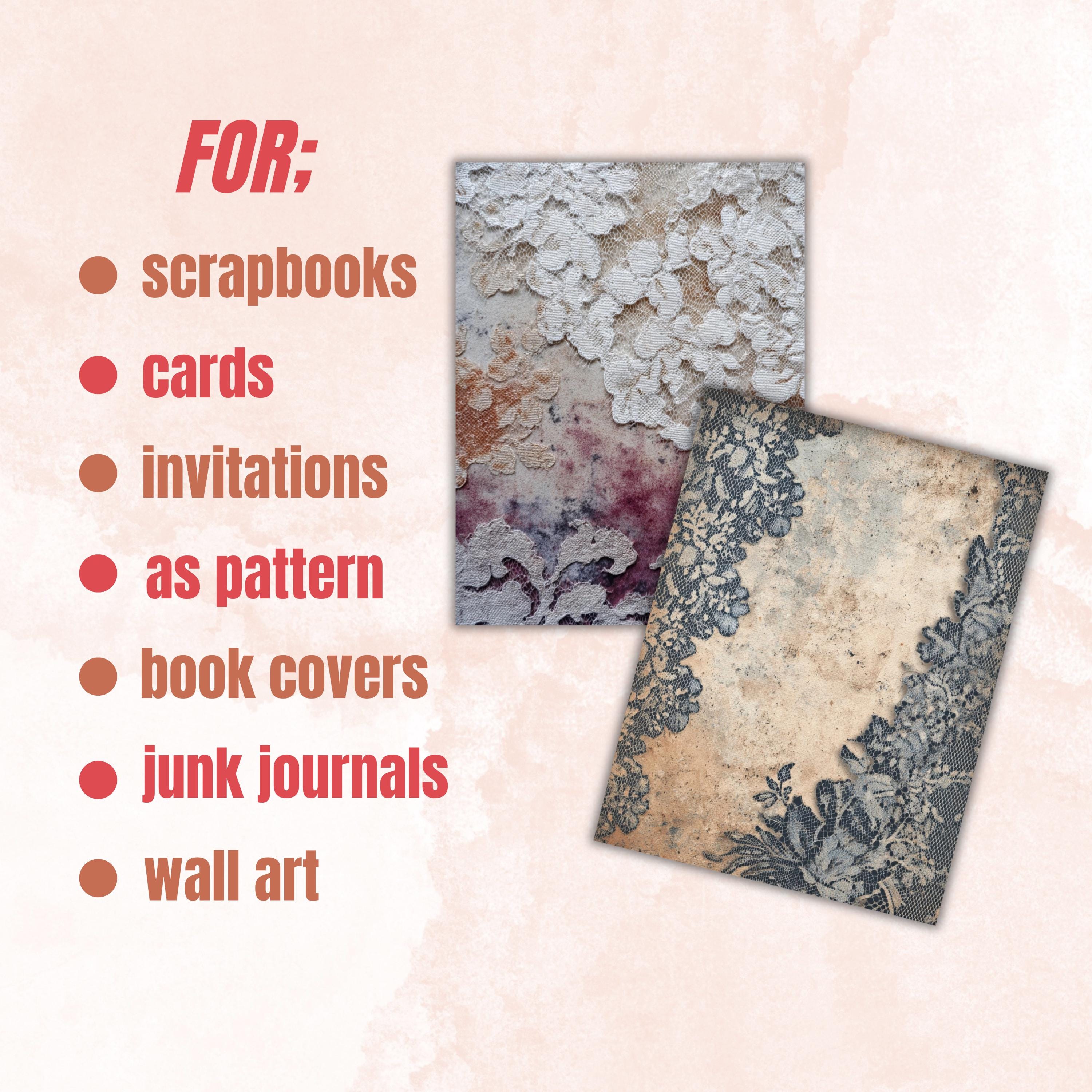 Grunge Lace Pages, Vintage Lace Backgrounds, Shabby Chic Junk Journal Paper, Elegant Collage Printable, Letter Size