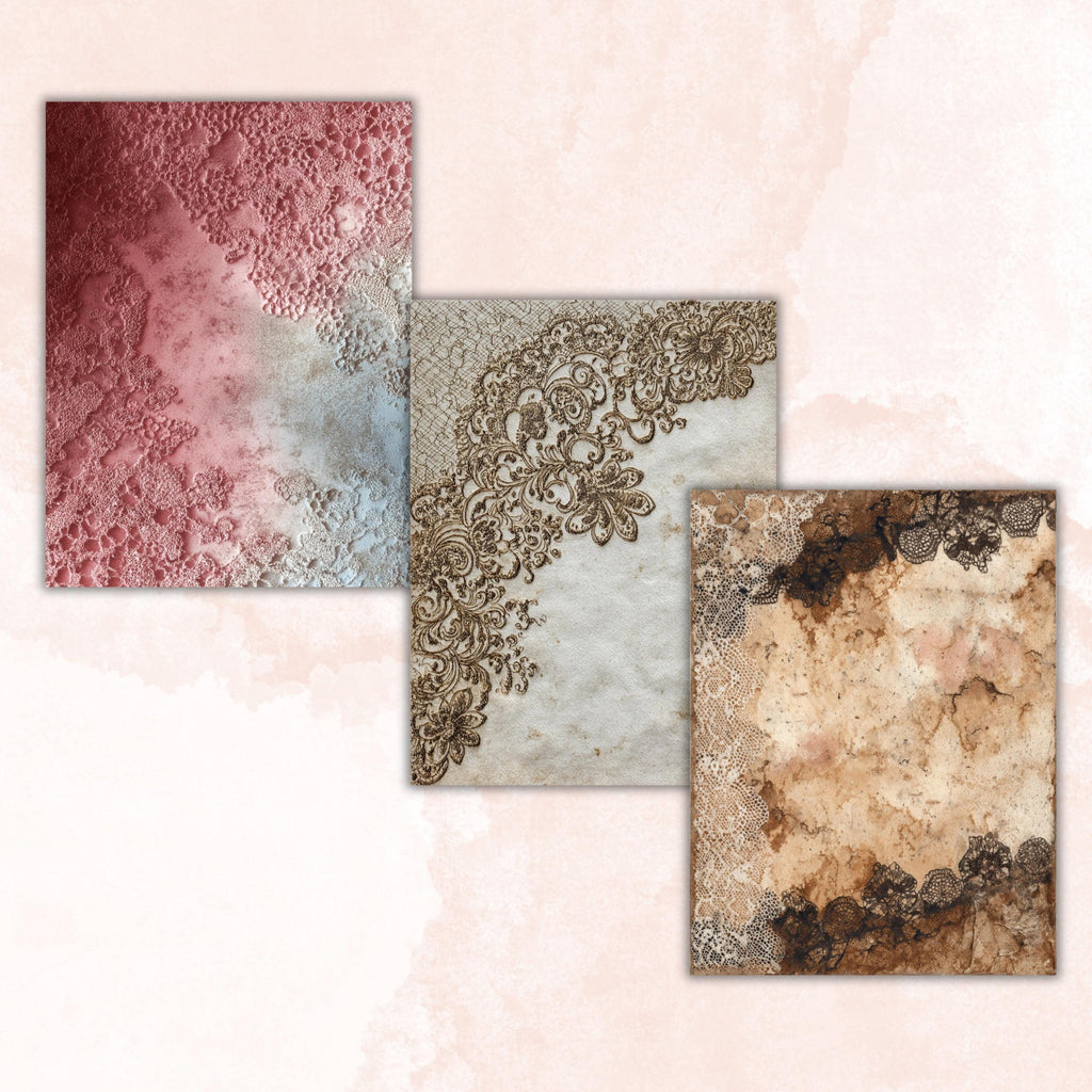 Grunge Lace Pages, Vintage Lace Backgrounds, Shabby Chic Junk Journal Paper, Elegant Collage Printable, Letter Size