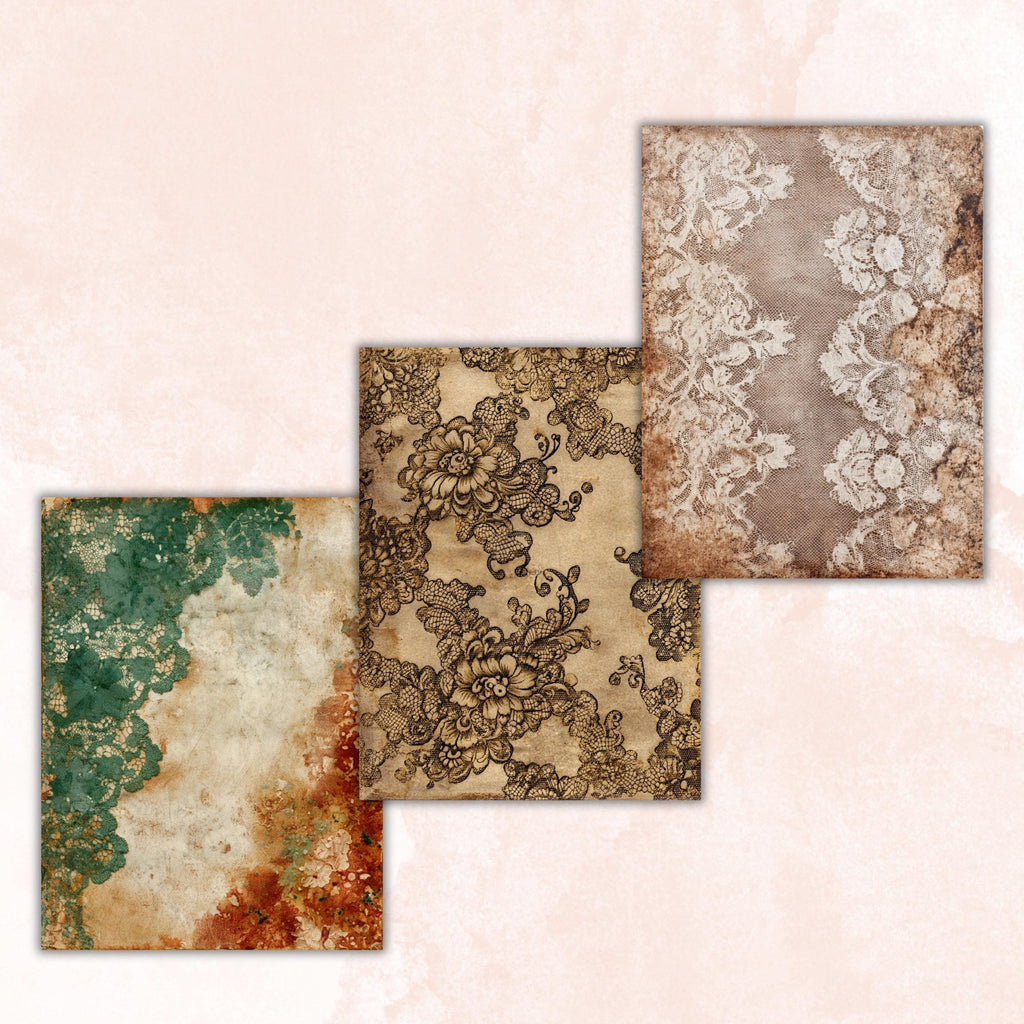 Grunge Lace Pages, Vintage Lace Backgrounds, Shabby Chic Junk Journal Paper, Elegant Collage Printable, Letter Size