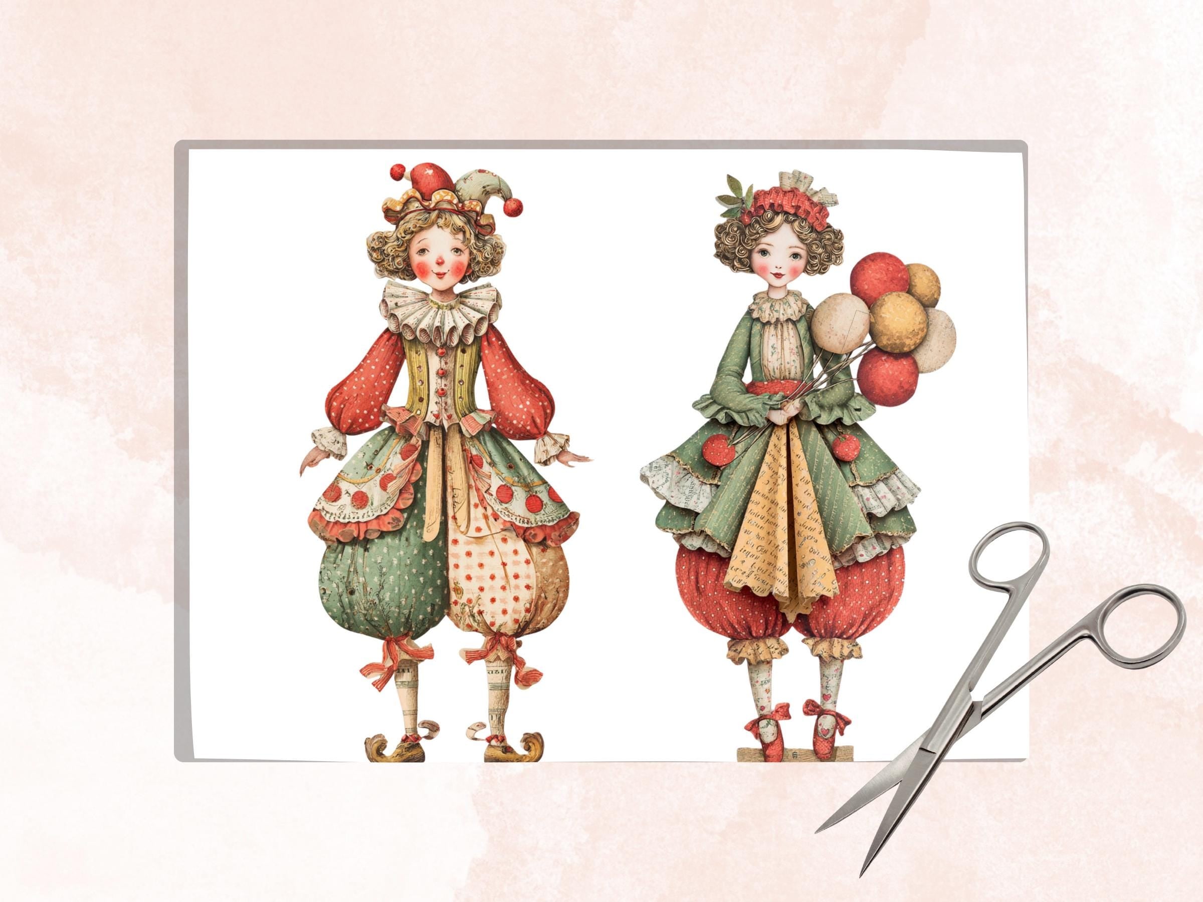 Whimsical Clown Girl Fussy Cut, 33 Cute Creepy Clown Cutouts, Circus Ephemera Junk Journal Scrapbook, Paper Dolls