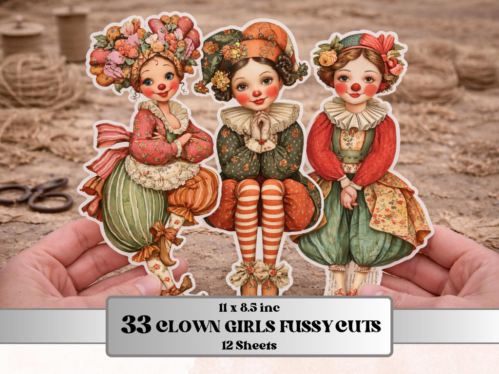 Whimsical Clown Girl Fussy Cut, 33 Cute Creepy Clown Cutouts, Circus Ephemera Junk Journal Scrapbook, Paper Dolls