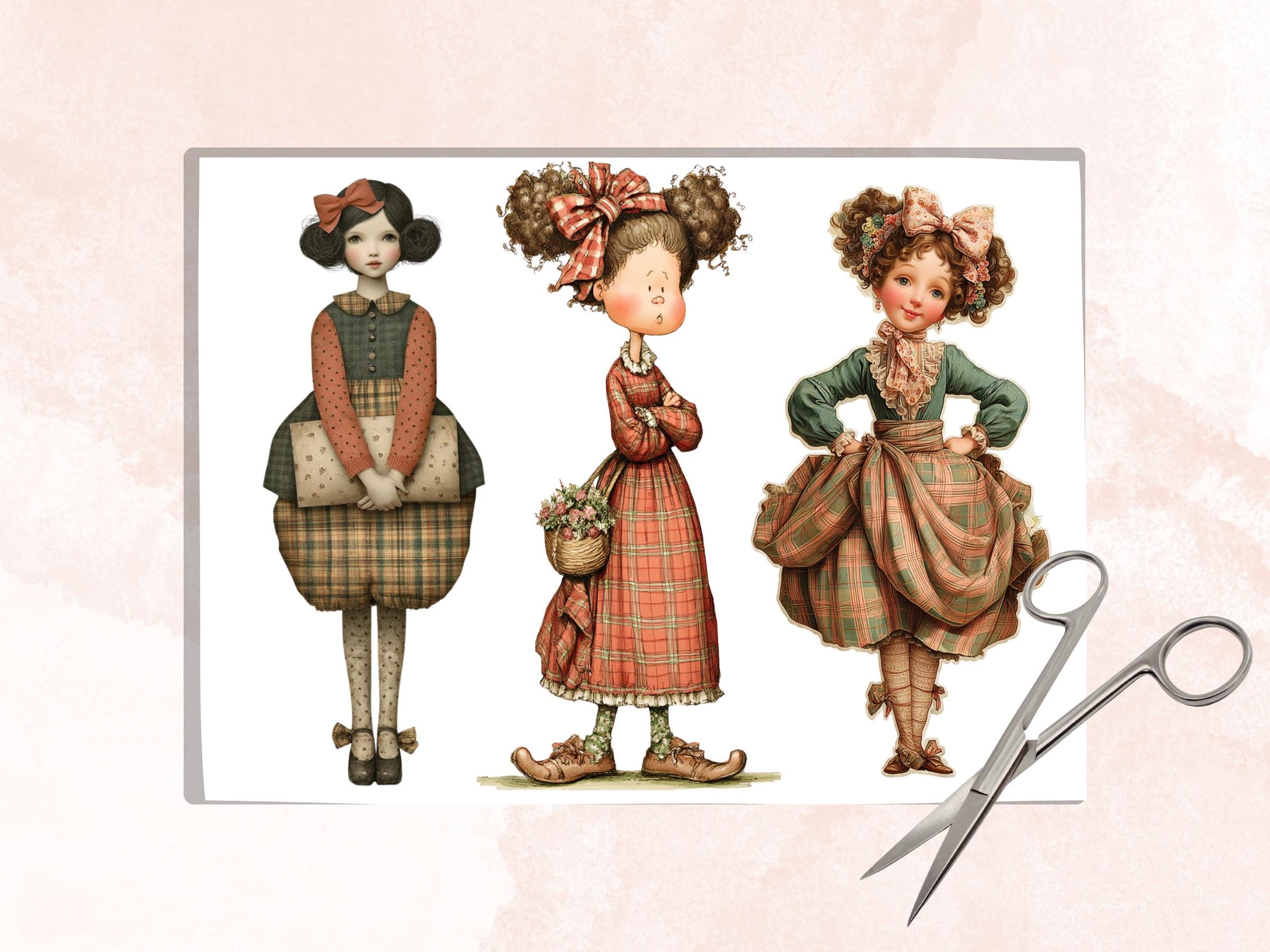 Whimsical Plaid Girls Fussy Cut, 38 Quirky Gingham Girl Cutouts, Cottagecore Ephemera Junk Journal Scrapbook, Paper Dolls