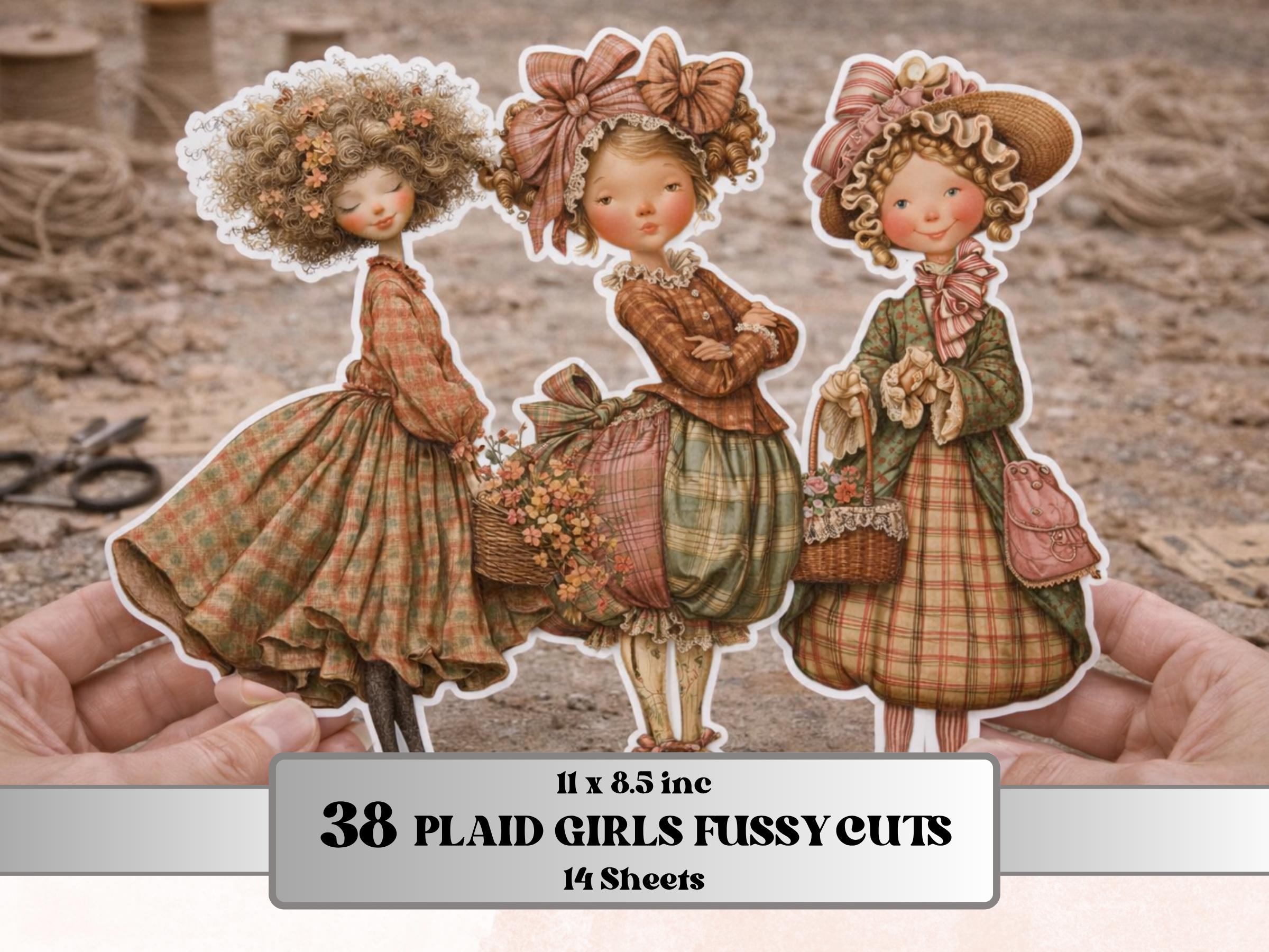 Whimsical Plaid Girls Fussy Cut, 38 Quirky Gingham Girl Cutouts, Cottagecore Ephemera Junk Journal Scrapbook, Paper Dolls