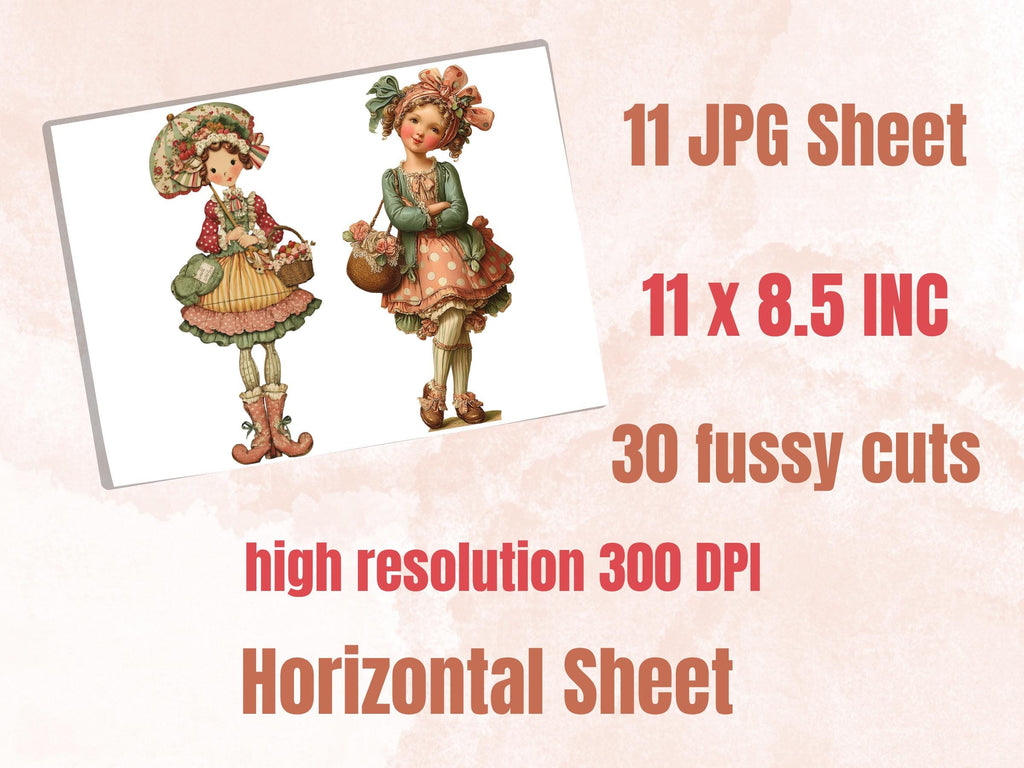 Whimsical Polka Dot Girls Fussy Cut, 30 Quirky Pattern Girl Cutouts, Scrapbook Ephemera Junk Journal Sheets, Paper Dolls