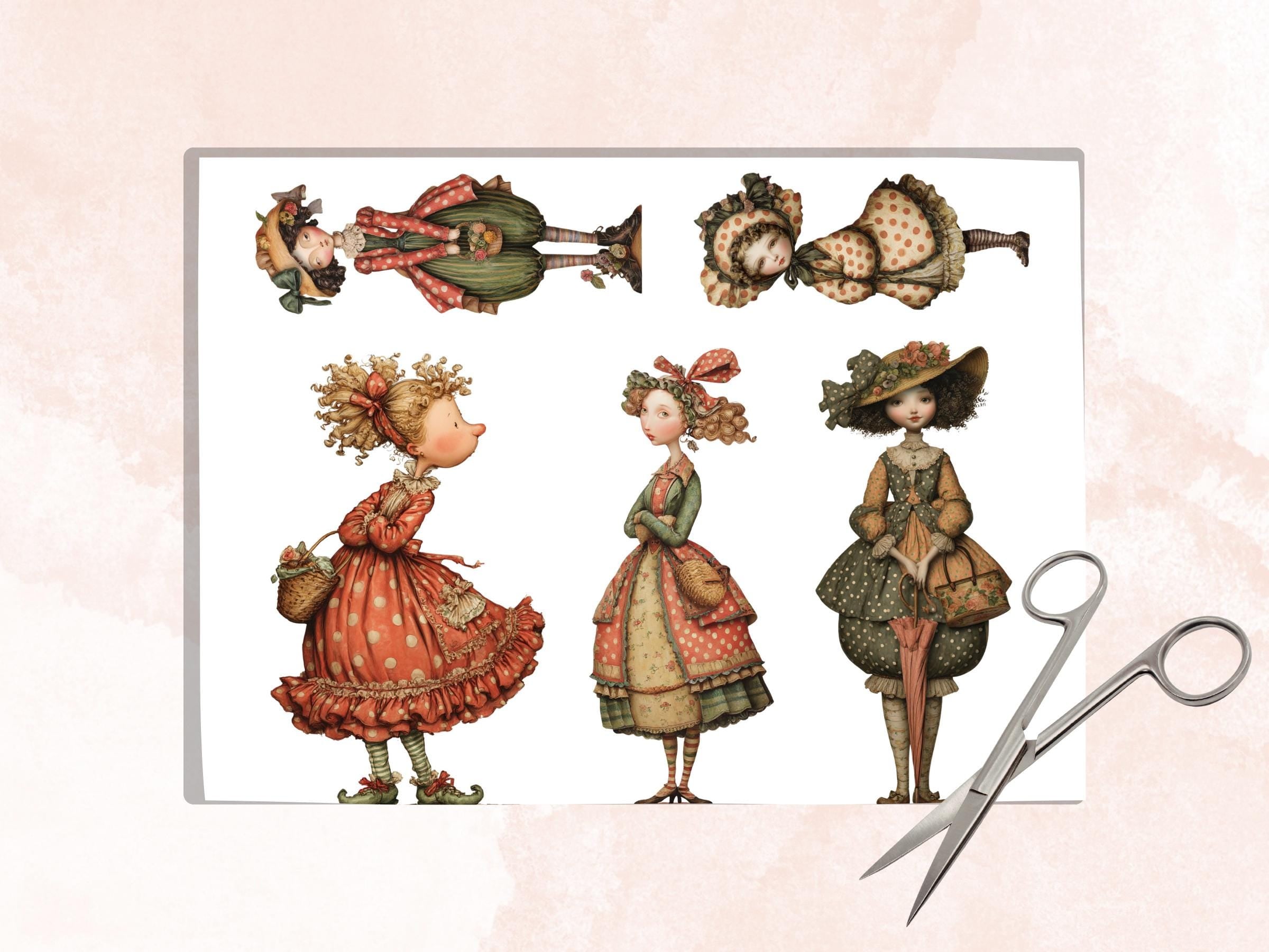 Whimsical Polka Dot Girls Fussy Cut, 30 Quirky Pattern Girl Cutouts, Scrapbook Ephemera Junk Journal Sheets, Paper Dolls
