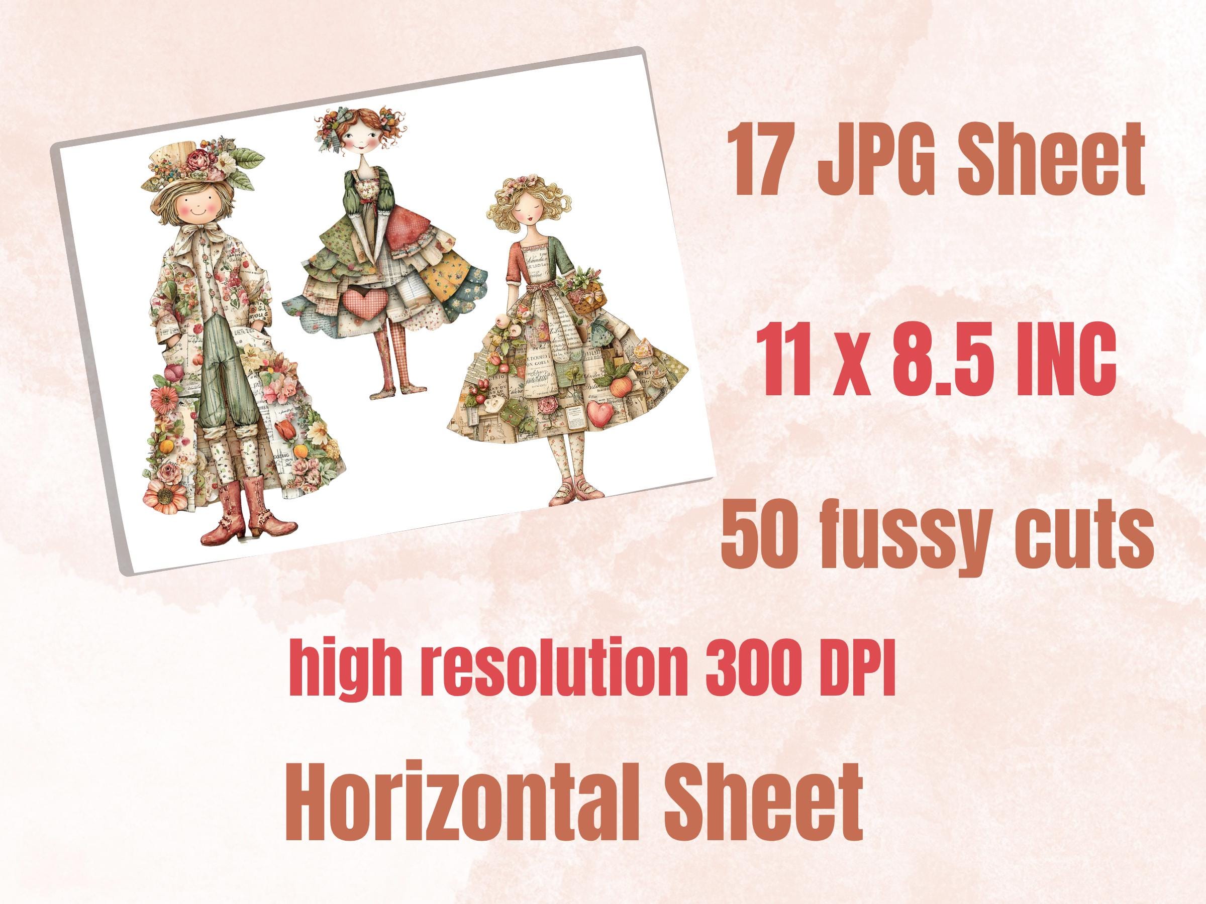 Paper Dolls Fussy Cut, 50 Whimsical Girl Cutouts, Printable Doll Ephemera Junk Journal, Quirky Scrapbook Sheets