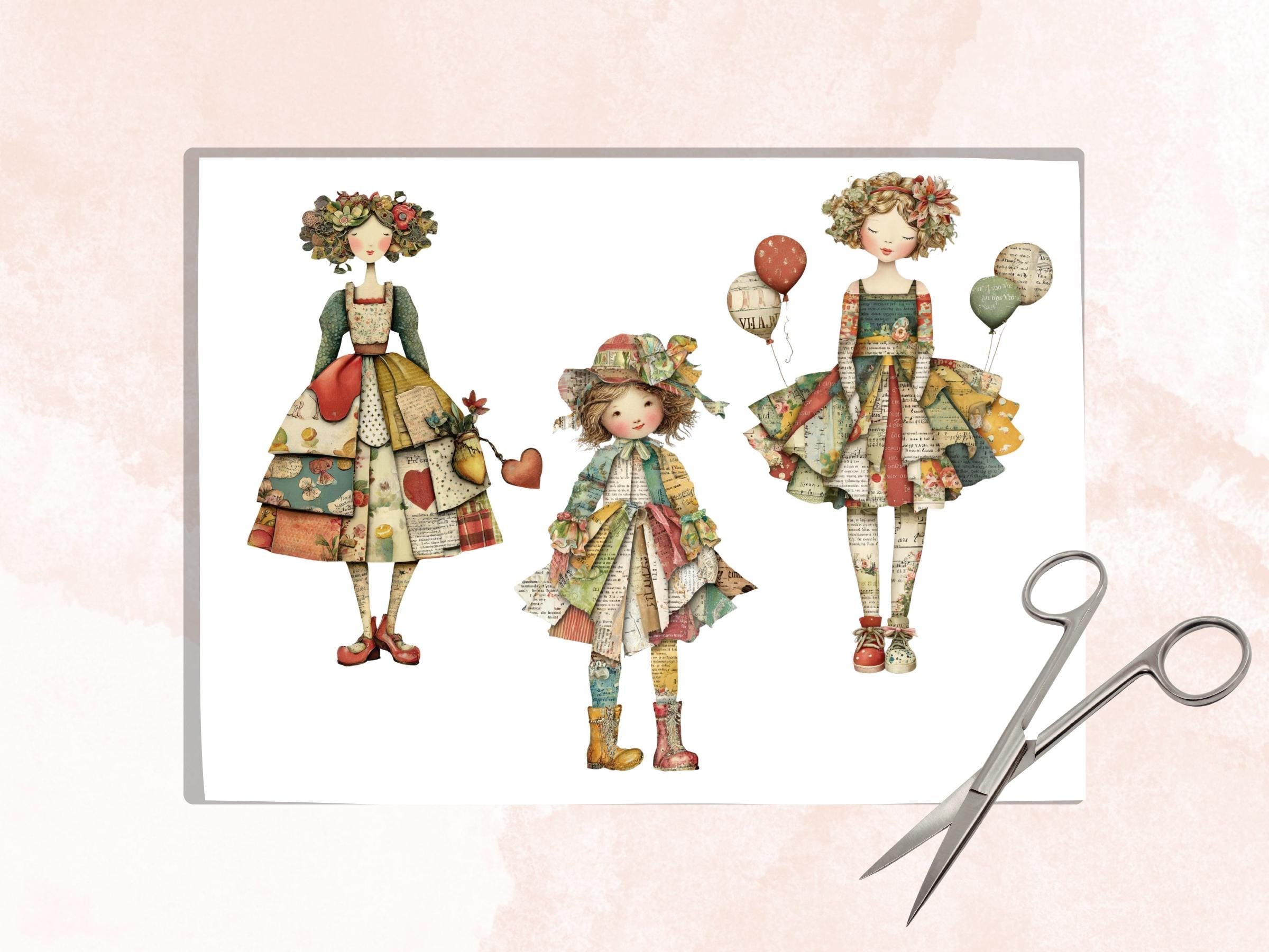 Paper Dolls Fussy Cut, 50 Whimsical Girl Cutouts, Printable Doll Ephemera Junk Journal, Quirky Scrapbook Sheets