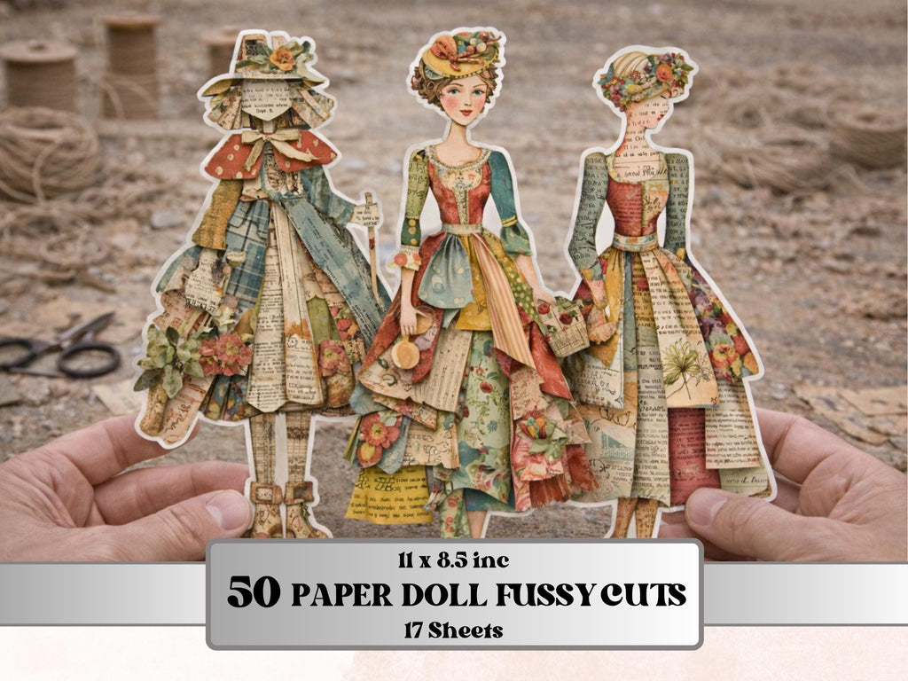 Paper Dolls Fussy Cut, 50 Whimsical Girl Cutouts, Printable Doll Ephemera Junk Journal, Quirky Scrapbook Sheets