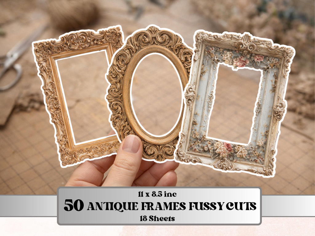 Antique Frames Fussy Cut, 50 Vintage Fancy Frame Cutouts, Photo Frames for Junk Journal, Scrapbooking Collage Sheet