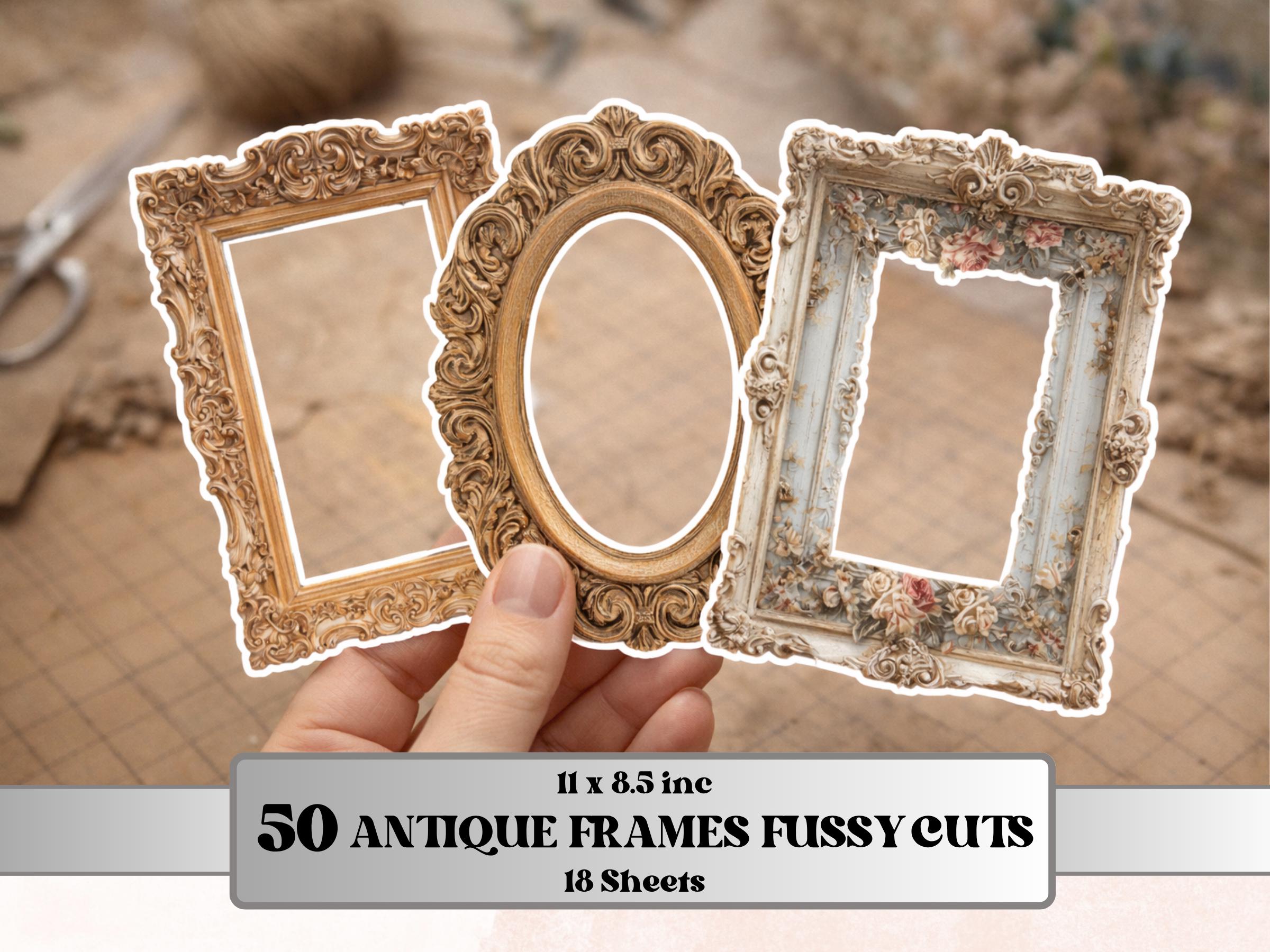 Antique Frames Fussy Cut, 50 Vintage Fancy Frame Cutouts, Photo Frames for Junk Journal, Scrapbooking Collage Sheet