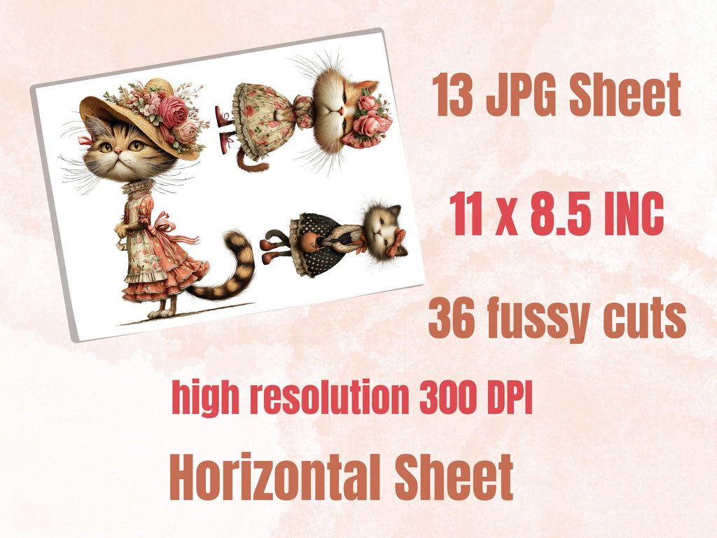Quirky Cats Fussy Cut, 36 Whimsical Cat Cutouts, Victorian Ephemera Junk Journal Scrapbook Sheets, Printable Paper Dolls