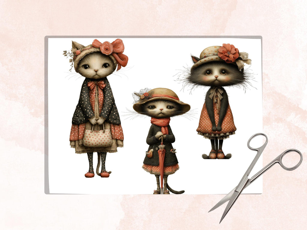 Quirky Cats Fussy Cut, 36 Whimsical Cat Cutouts, Victorian Ephemera Junk Journal Scrapbook Sheets, Printable Paper Dolls