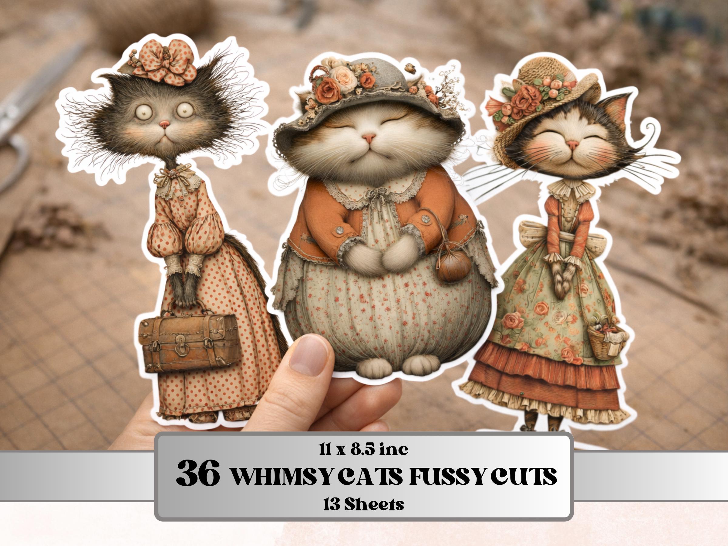 Quirky Cats Fussy Cut, 36 Whimsical Cat Cutouts, Victorian Ephemera Junk Journal Scrapbook Sheets, Printable Paper Dolls