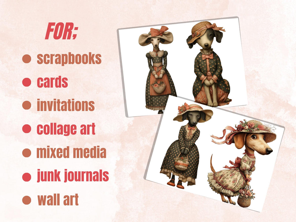 Quirky Dogs Fussy Cut, 36 Whimsical Dog Cutouts, Victorian Ephemera Junk Journal Scrapbook Sheets, Printable Paper Dolls
