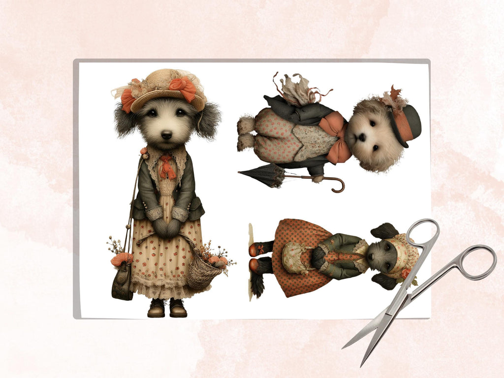 Quirky Dogs Fussy Cut, 36 Whimsical Dog Cutouts, Victorian Ephemera Junk Journal Scrapbook Sheets, Printable Paper Dolls