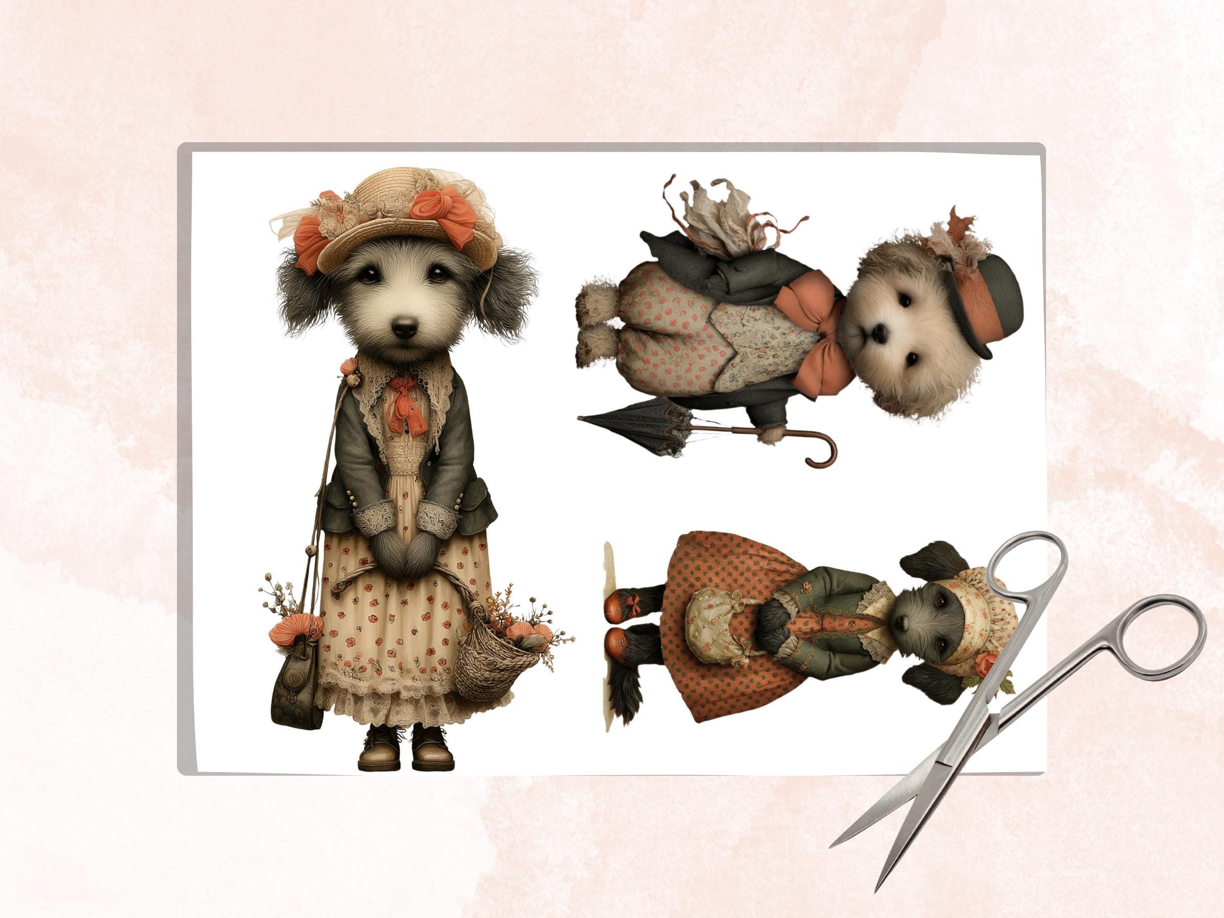 Quirky Dogs Fussy Cut, 36 Whimsical Dog Cutouts, Victorian Ephemera Junk Journal Scrapbook Sheets, Printable Paper Dolls