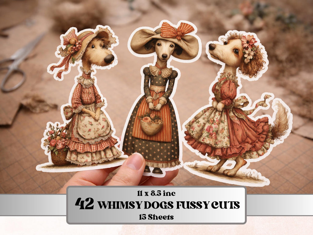 Quirky Dogs Fussy Cut, 36 Whimsical Dog Cutouts, Victorian Ephemera Junk Journal Scrapbook Sheets, Printable Paper Dolls
