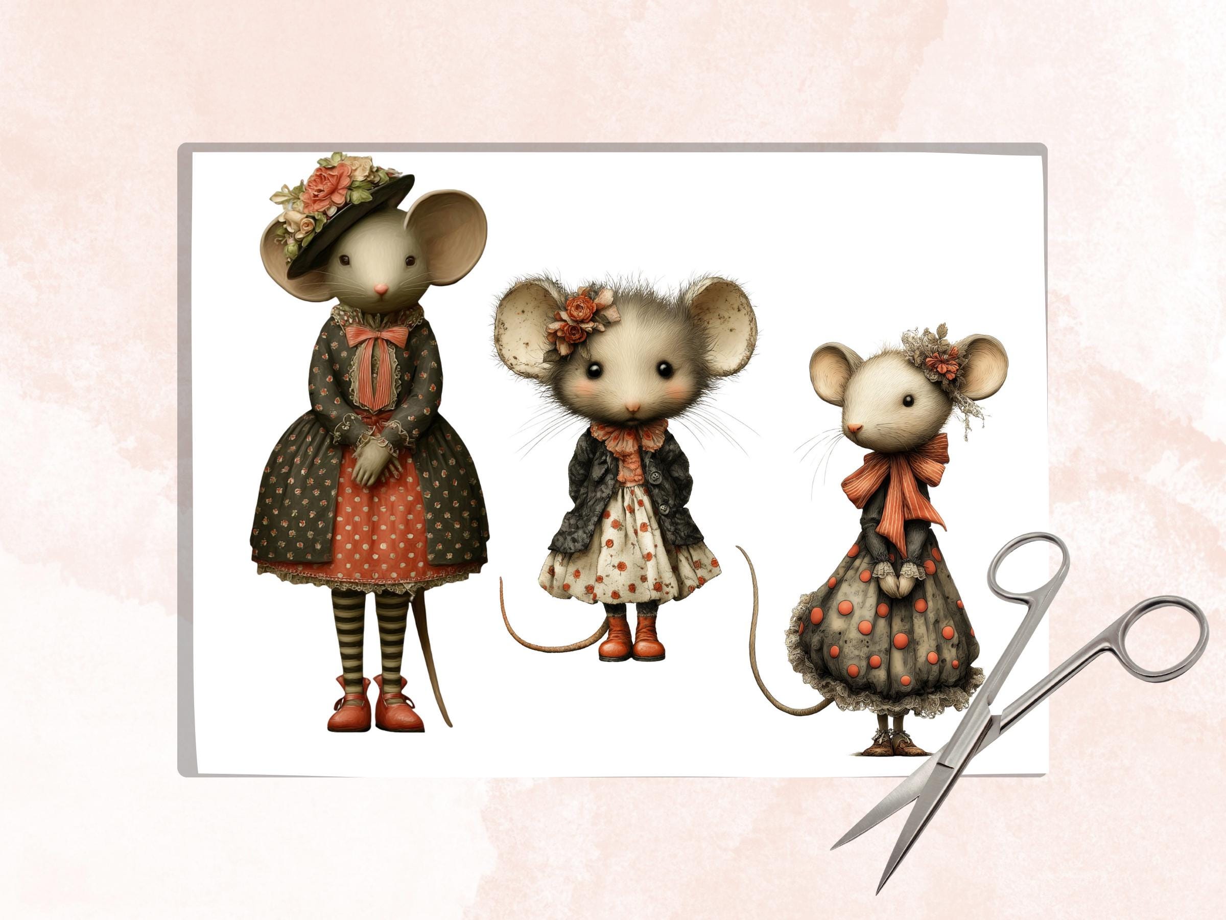 Quirky Mice Fussy Cut, 36 Whimsical Cottage Mouse Cutouts, Victorian Ephemera Junk Journal Scrapbook Sheets, Printable Paper Dolls