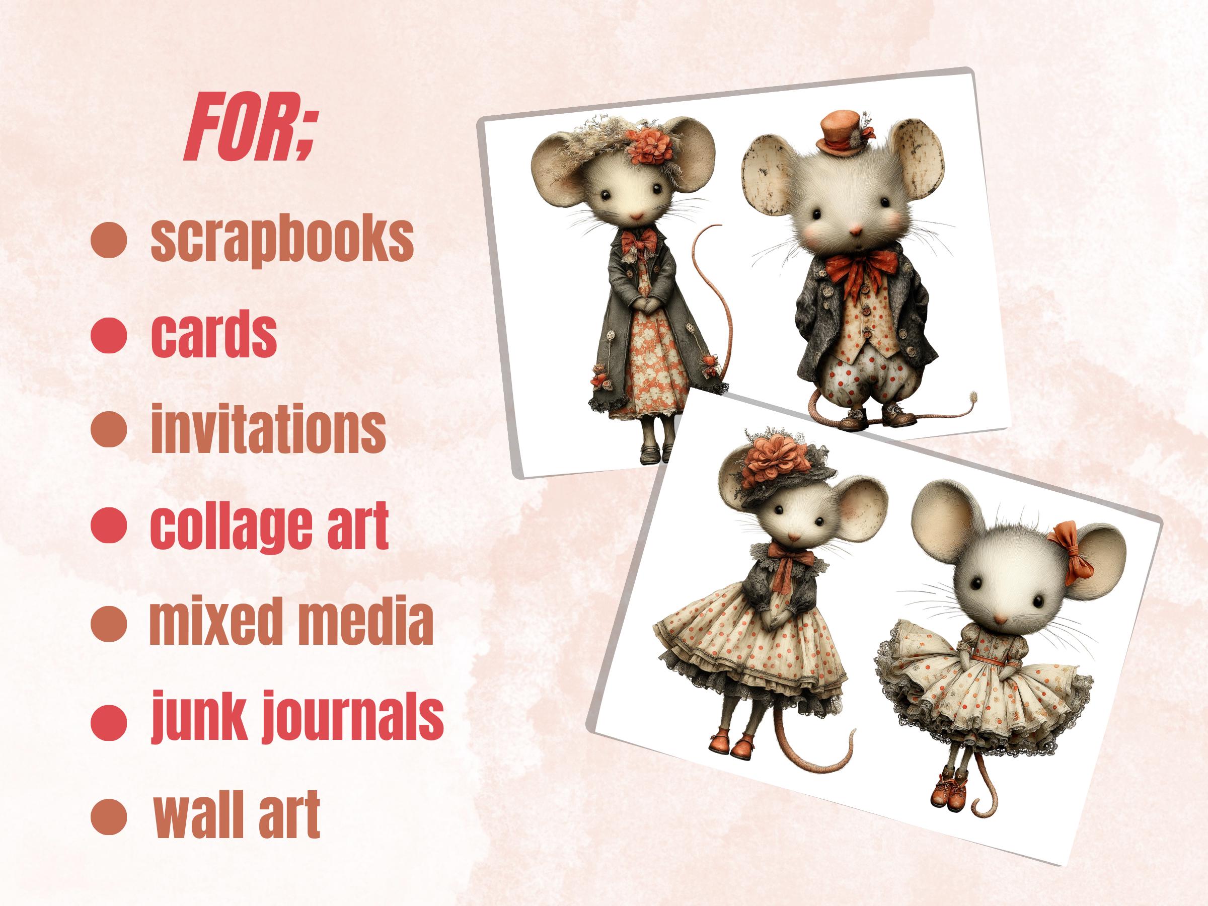 Quirky Mice Fussy Cut, 36 Whimsical Cottage Mouse Cutouts, Victorian Ephemera Junk Journal Scrapbook Sheets, Printable Paper Dolls