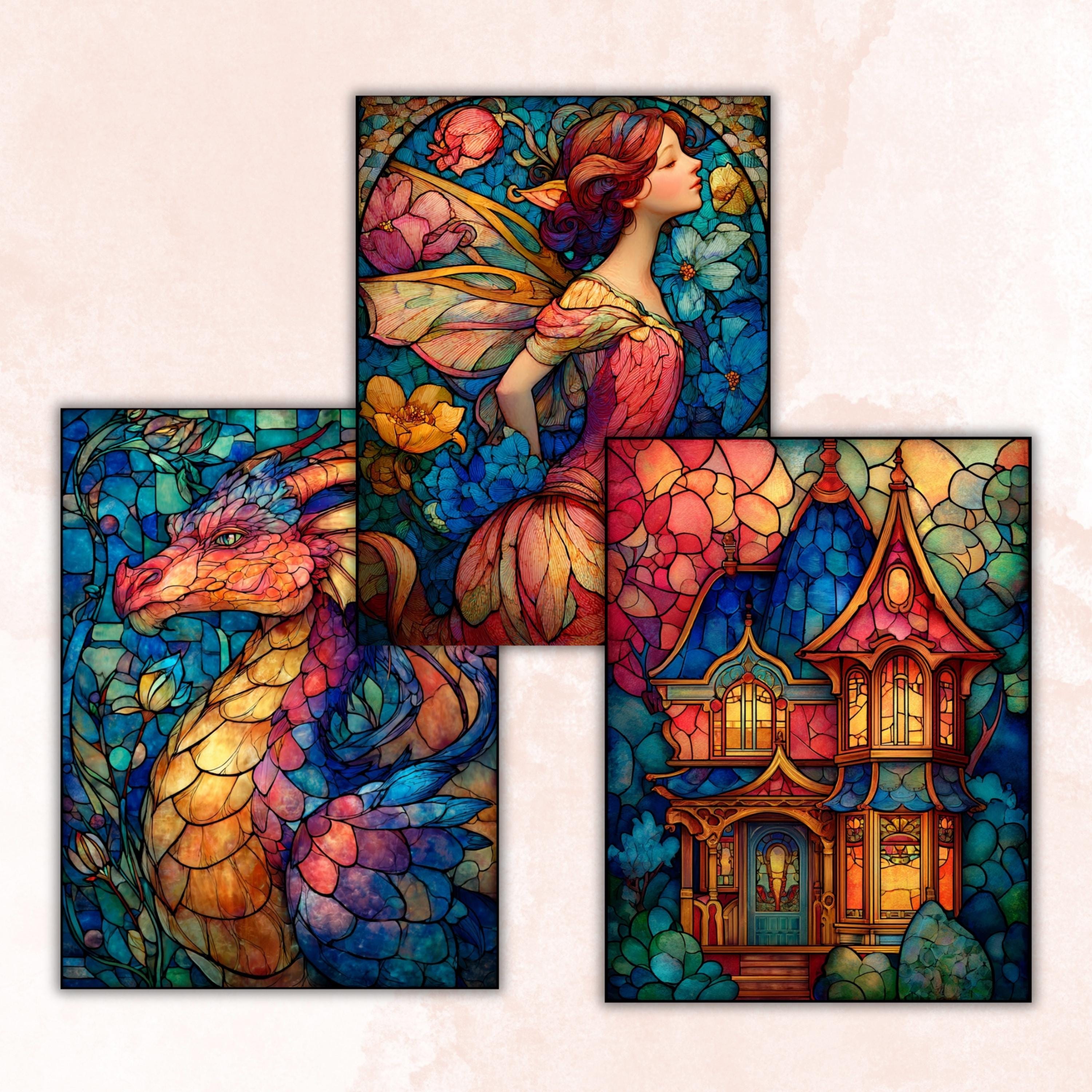 Stained Glass Tales Pages, Fantasy Storybook Backgrounds, Colorful Mosaic Junk Journal Paper, Magical Aesthetic Printable, Letter Size