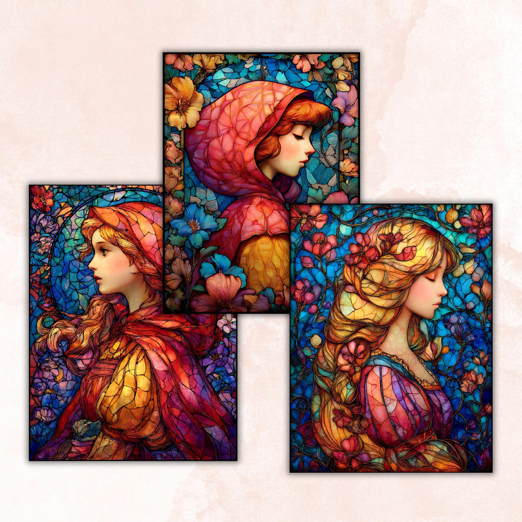 Stained Glass Tales Pages, Fantasy Storybook Backgrounds, Colorful Mosaic Junk Journal Paper, Magical Aesthetic Printable, Letter Size