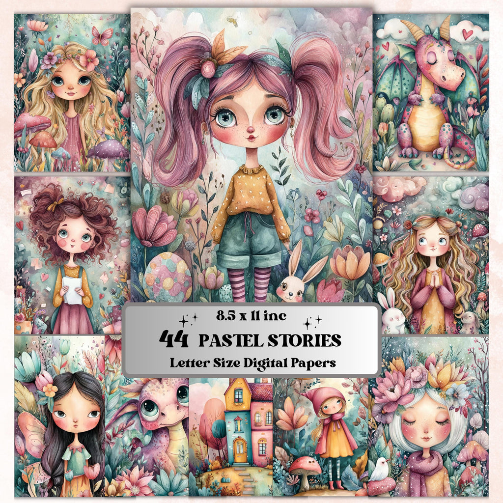 Pastel Stories Pages, Soft Aesthetic Backgrounds, Cute Storybook Junk Journal Paper, Dreamy Pastel Collage Printable, Letter Size