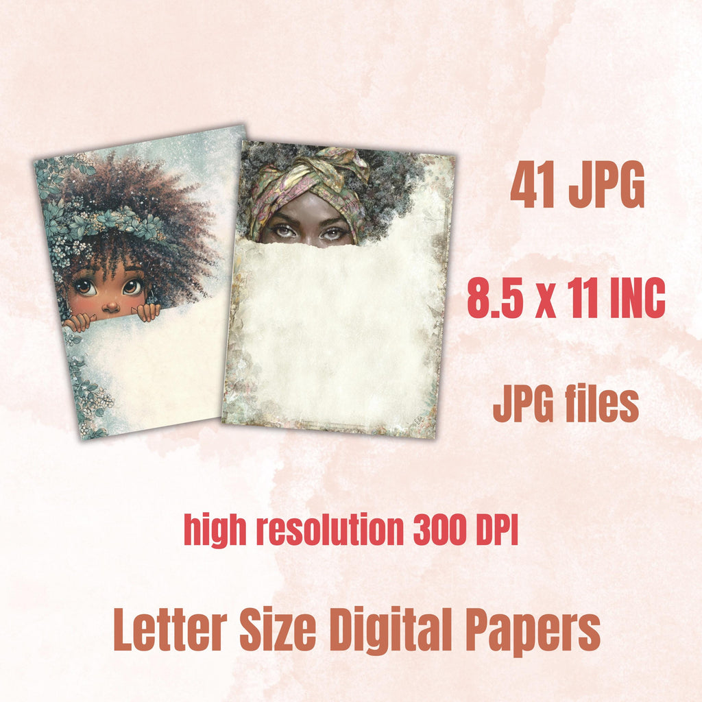 41 Peeking Black Girl Border Lined Pages Printable, Letter Size Afro Girl Writing Paper Stationery Commercial Use
