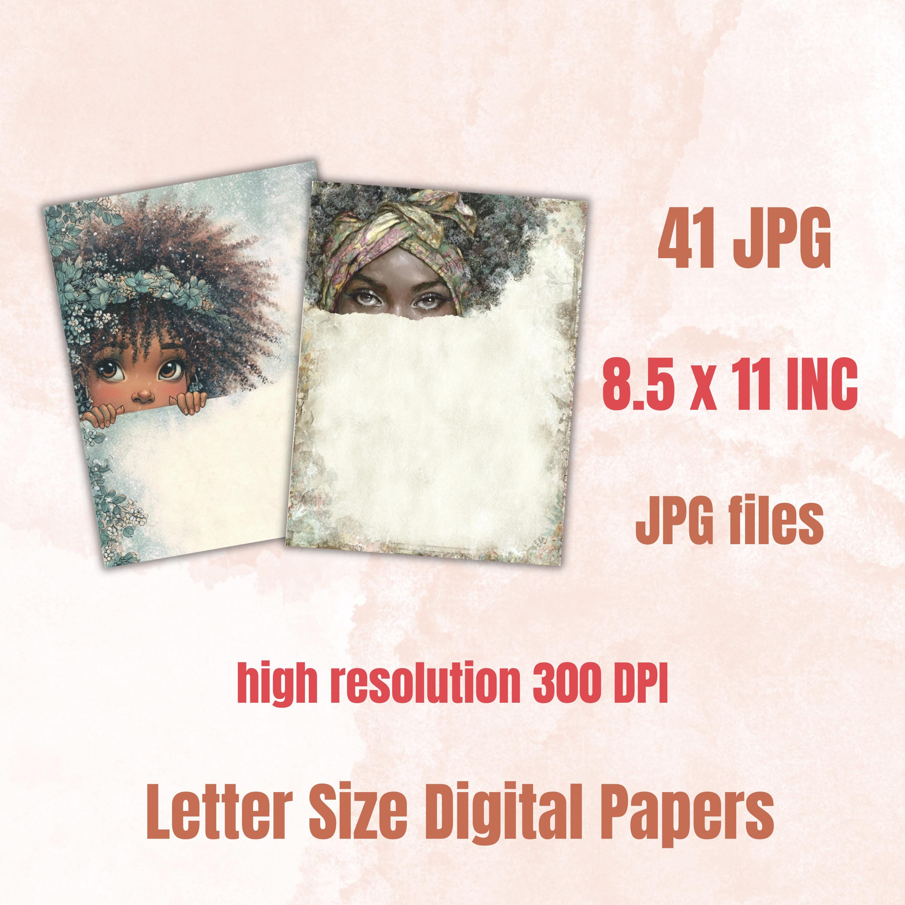 41 Peeking Black Girl Border Lined Pages Printable, Letter Size Afro Girl Writing Paper Stationery Commercial Use