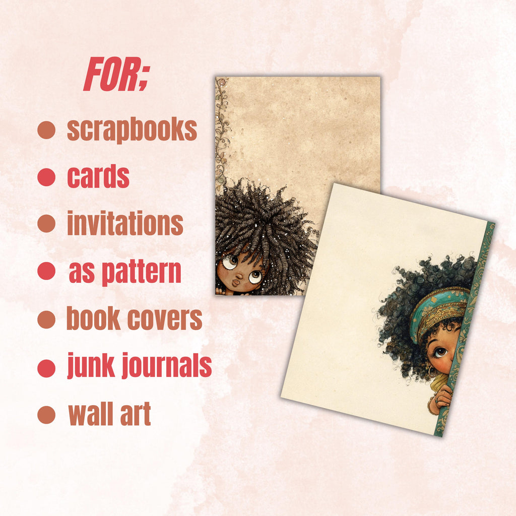 41 Peeking Black Girl Border Lined Pages Printable, Letter Size Afro Girl Writing Paper Stationery Commercial Use