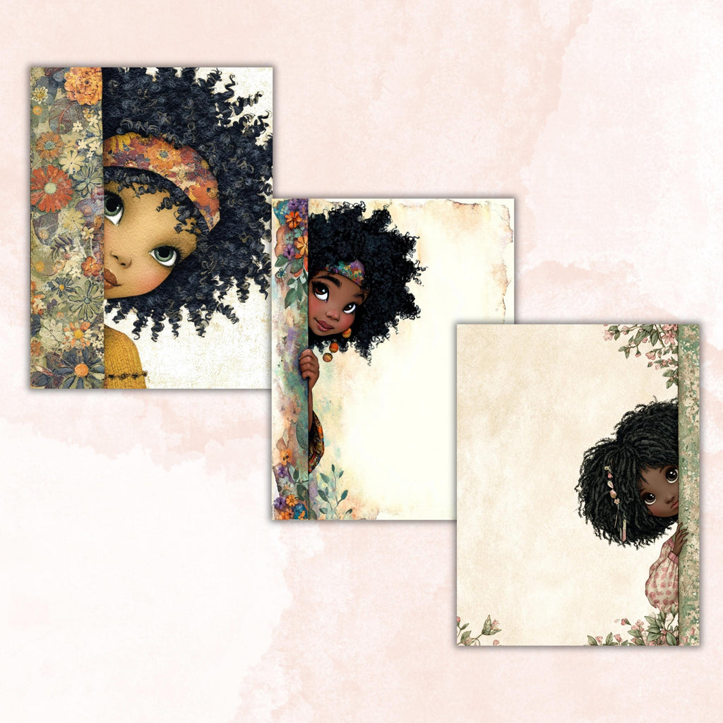 41 Peeking Black Girl Border Lined Pages Printable, Letter Size Afro Girl Writing Paper Stationery Commercial Use