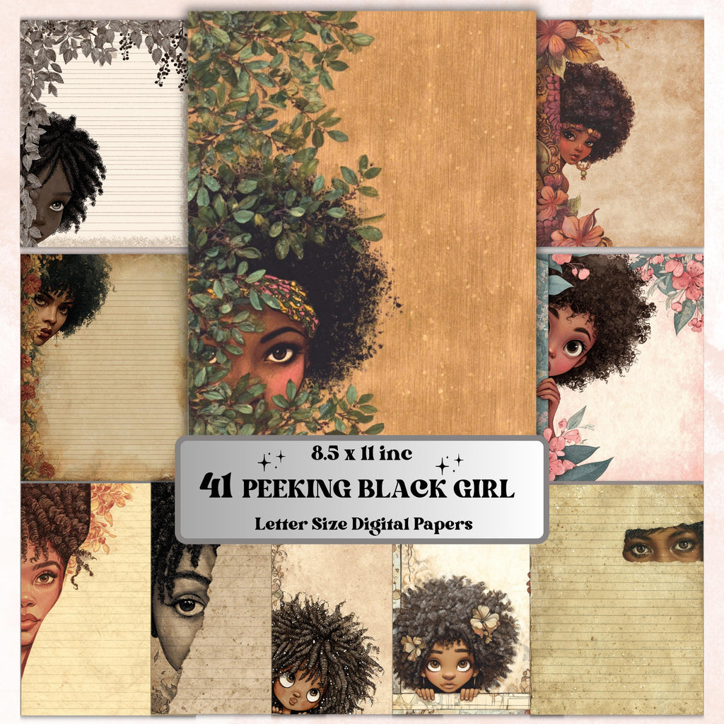 41 Peeking Black Girl Border Lined Pages Printable, Letter Size Afro Girl Writing Paper Stationery Commercial Use