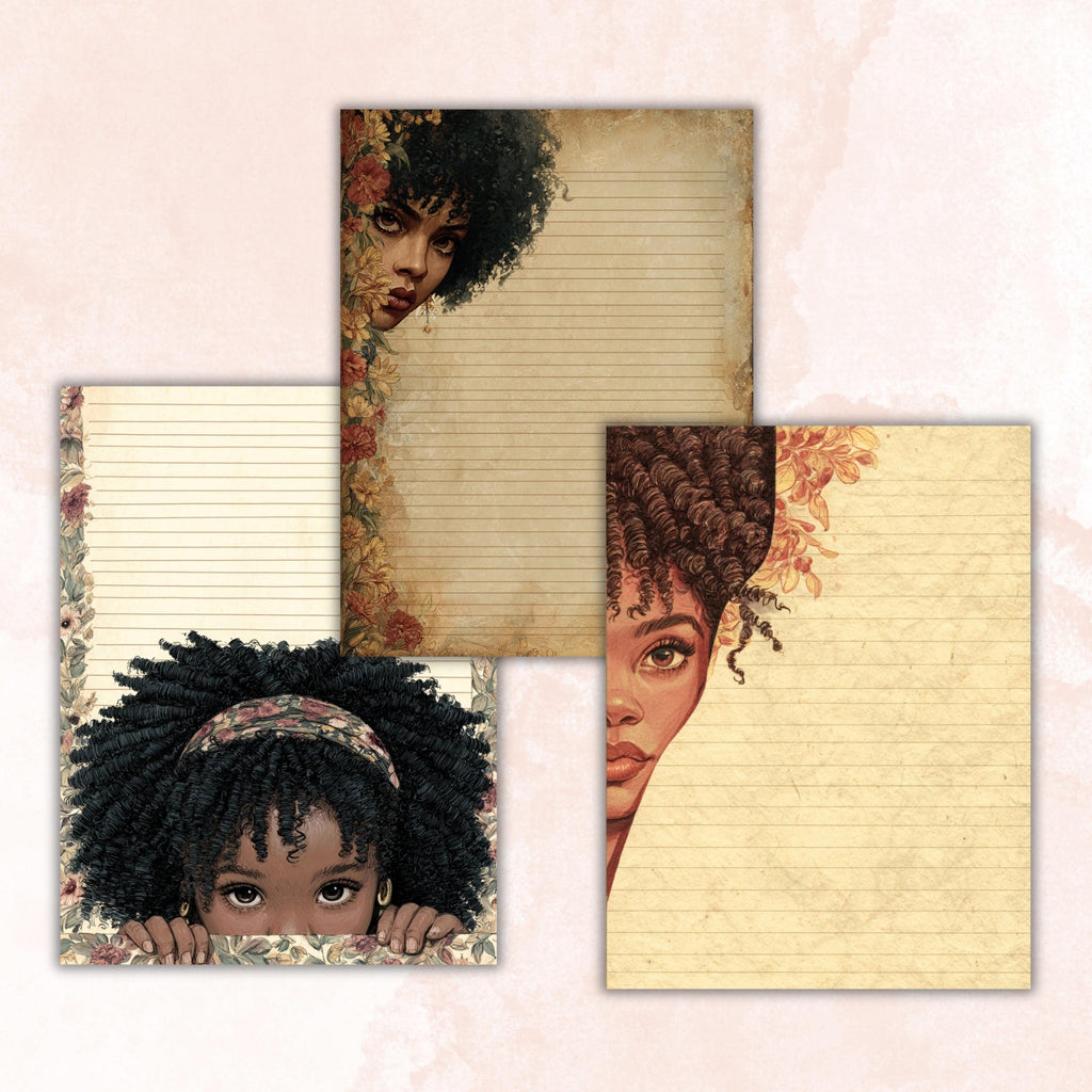 41 Peeking Black Girl Border Lined Pages Printable, Letter Size Afro Girl Writing Paper Stationery Commercial Use