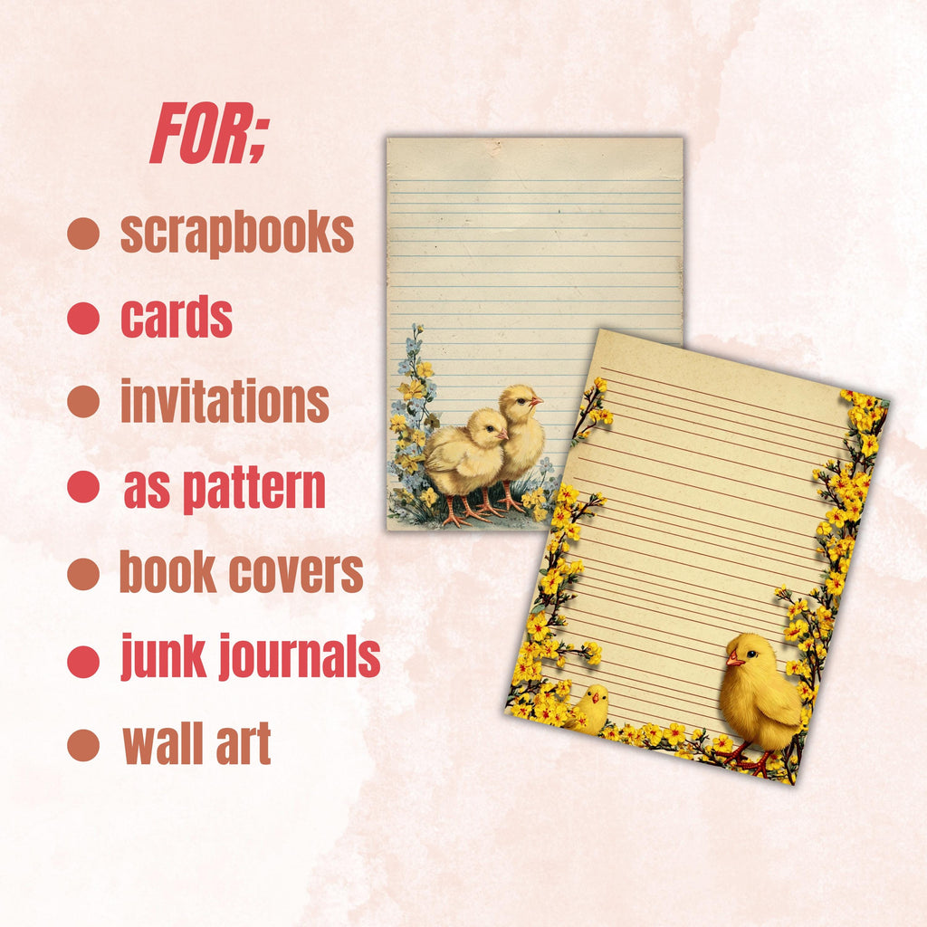 40 Peeking Chick Border Lined Pages Printable, Letter Size Easter Chick Writing Paper Stationery Commercial Use