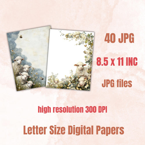 40 Peeking Sheep Border Lined Pages Printable, Letter Size Easter Lamb Writing Paper Stationery Commercial Use