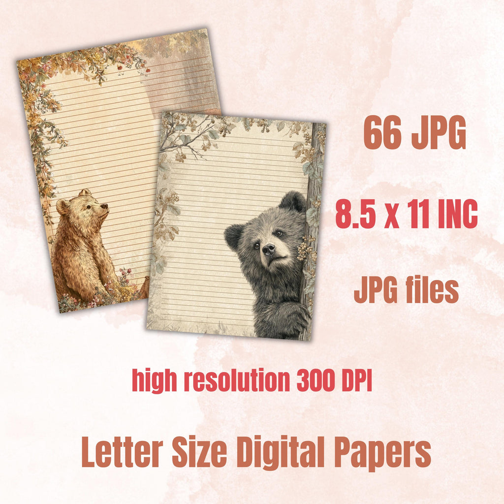 66 Peeking Bear Border Lined Pages Printable, Letter Size Teddy Bear Writing Paper Stationery Commercial Use