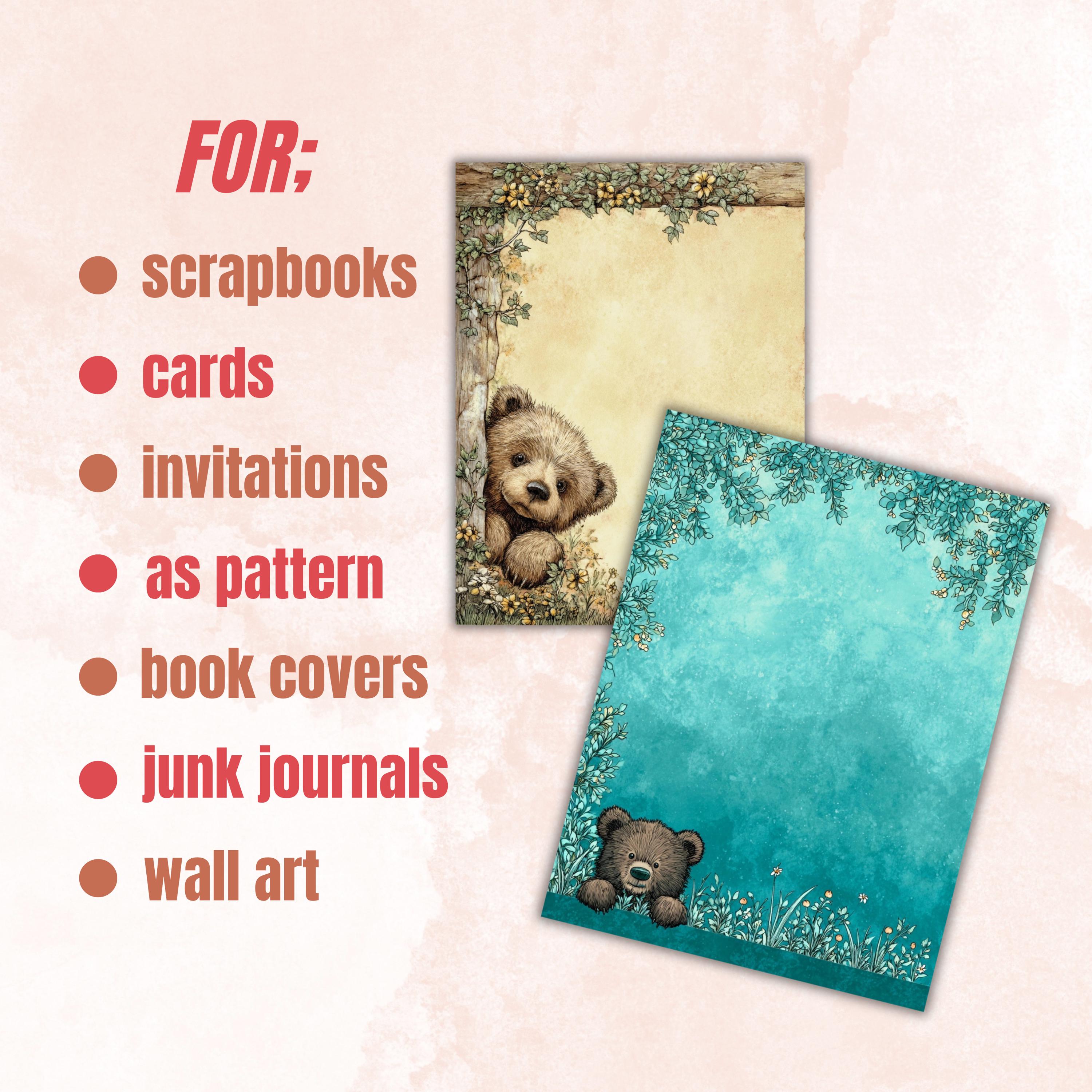 66 Peeking Bear Border Lined Pages Printable, Letter Size Teddy Bear Writing Paper Stationery Commercial Use