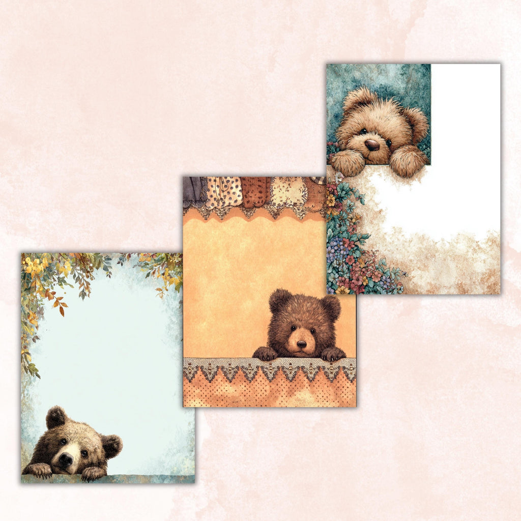 66 Peeking Bear Border Lined Pages Printable, Letter Size Teddy Bear Writing Paper Stationery Commercial Use