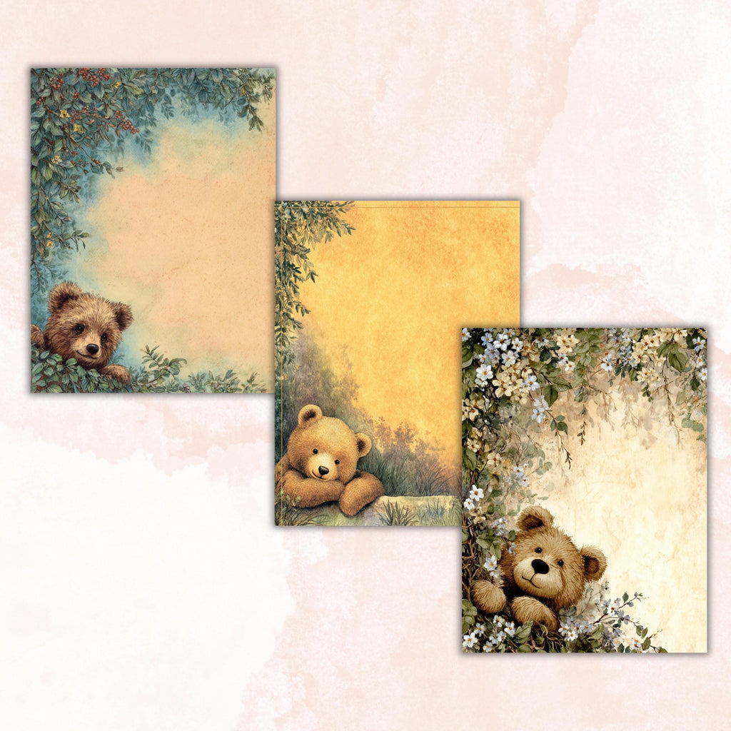 66 Peeking Bear Border Lined Pages Printable, Letter Size Teddy Bear Writing Paper Stationery Commercial Use