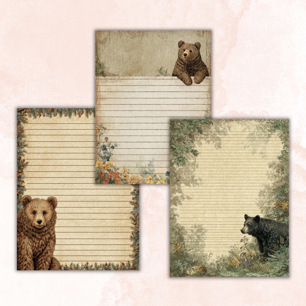 66 Peeking Bear Border Lined Pages Printable, Letter Size Teddy Bear Writing Paper Stationery Commercial Use