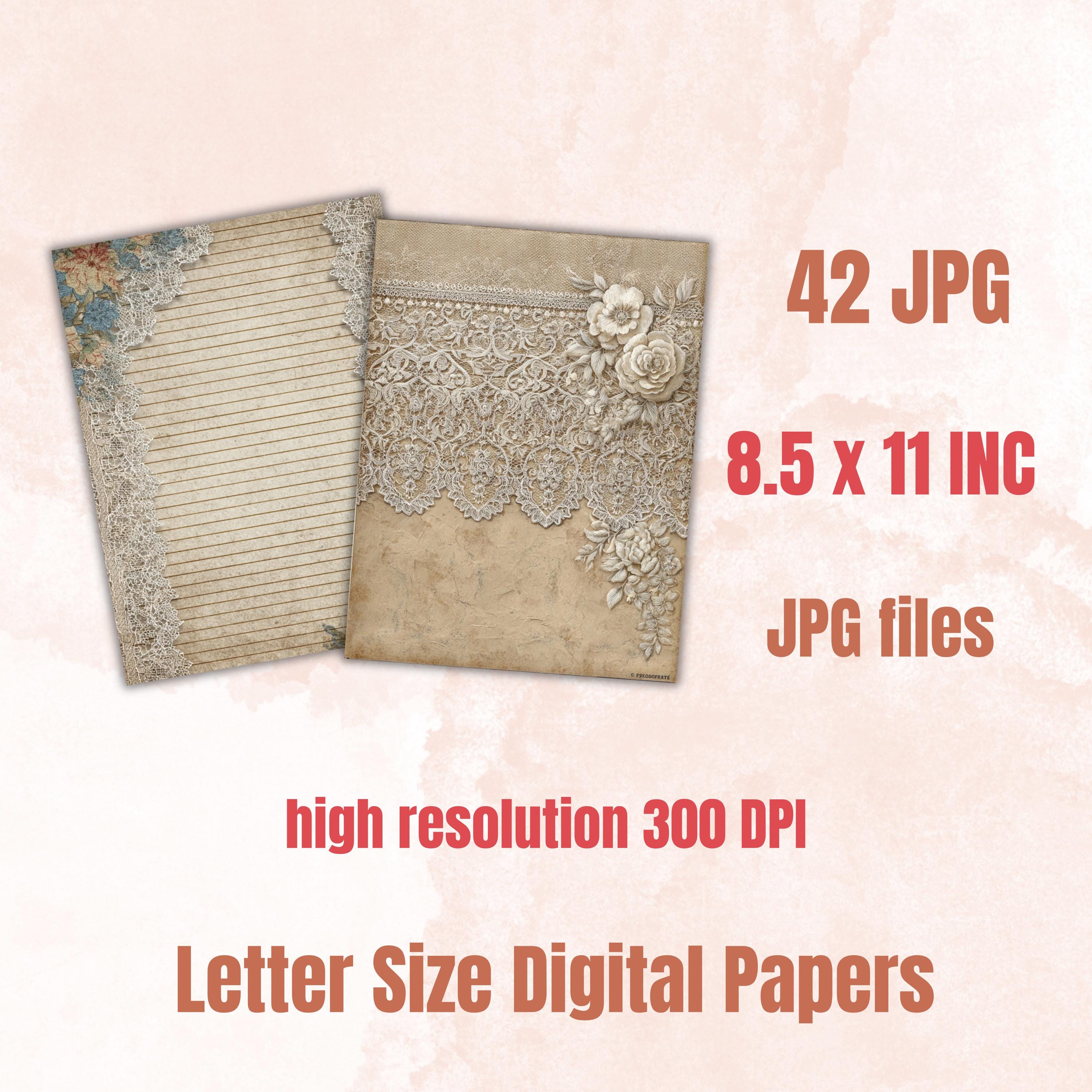42 Lace Border Pages, Vintage Lace Writing Paper, Elegant Printable Stationery, Junk Journal Pages, Floral Decorative Paper, Letter Size