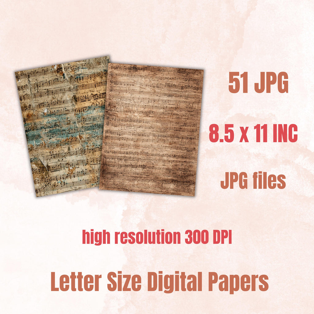 Grunge Music Sheet Pages, Vintage Sheet Music Backgrounds, Junk Journal Paper, Musical Collage Printable, Letter Size