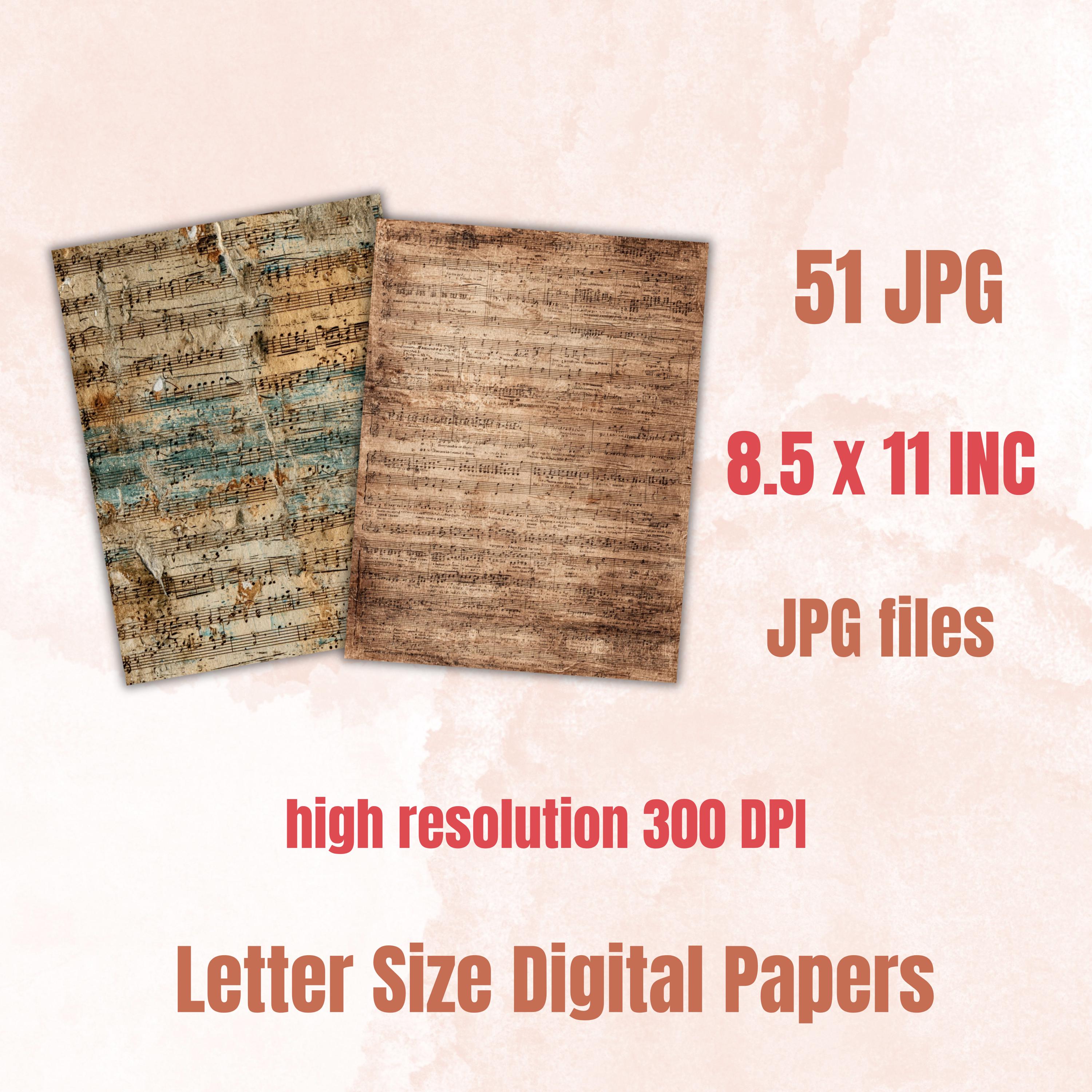 Grunge Music Sheet Pages, Vintage Sheet Music Backgrounds, Junk Journal Paper, Musical Collage Printable, Letter Size