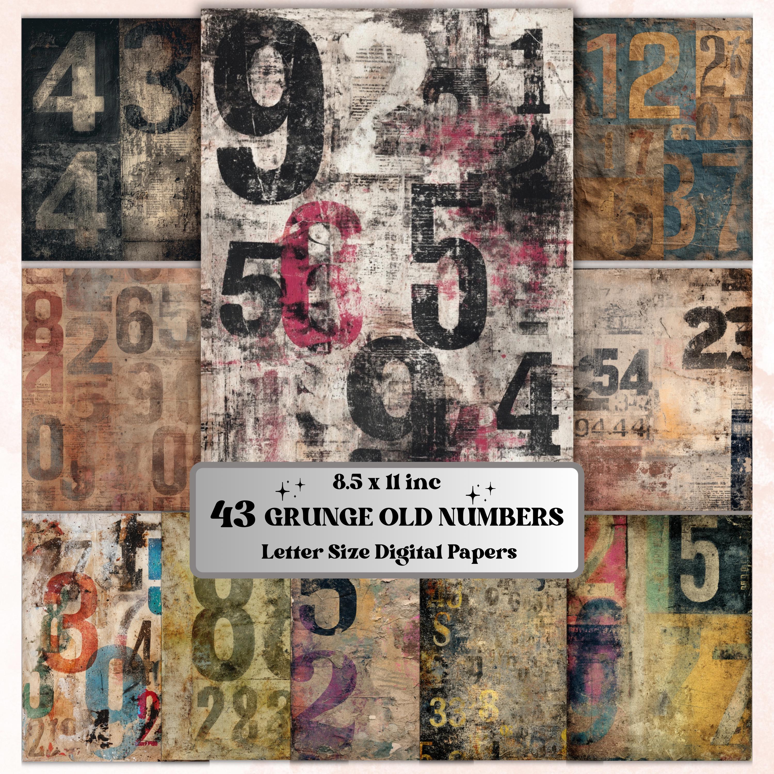 Grunge Old Numbers Pages, Vintage Number Backgrounds, Typography Junk Journal Paper, Ephemera Collage Printable, Letter Size