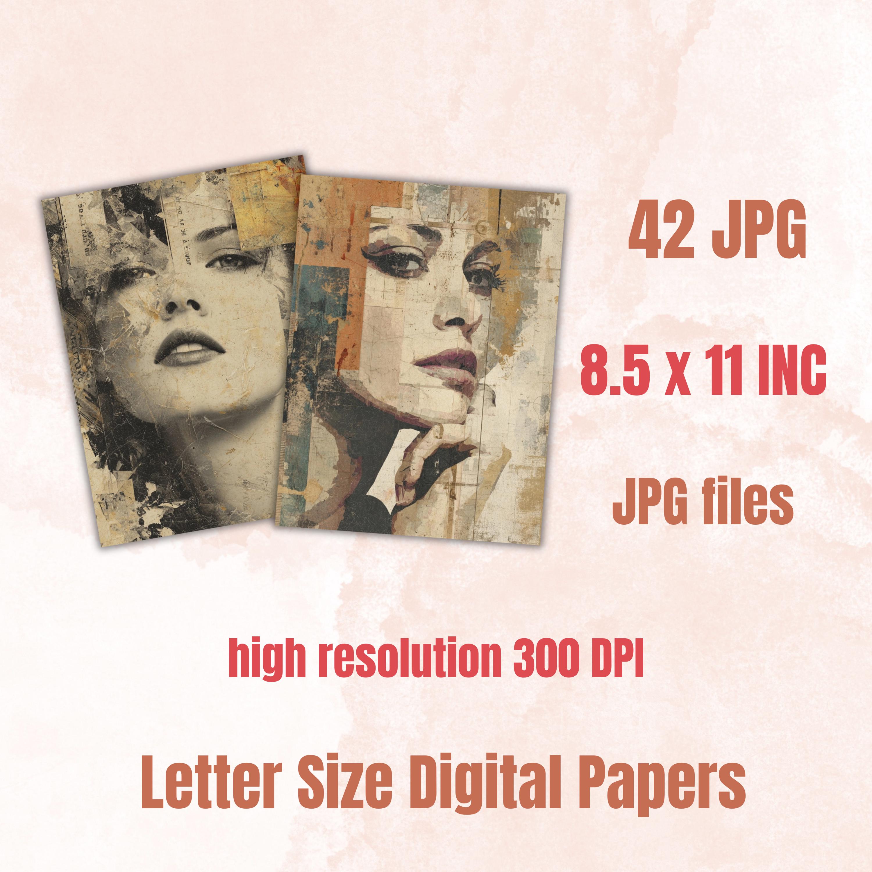 Grunge Woman Pages, Feminine Portrait Collage Backgrounds, Vintage Female Junk Journal Paper, Mixed Media Printable, Letter Size