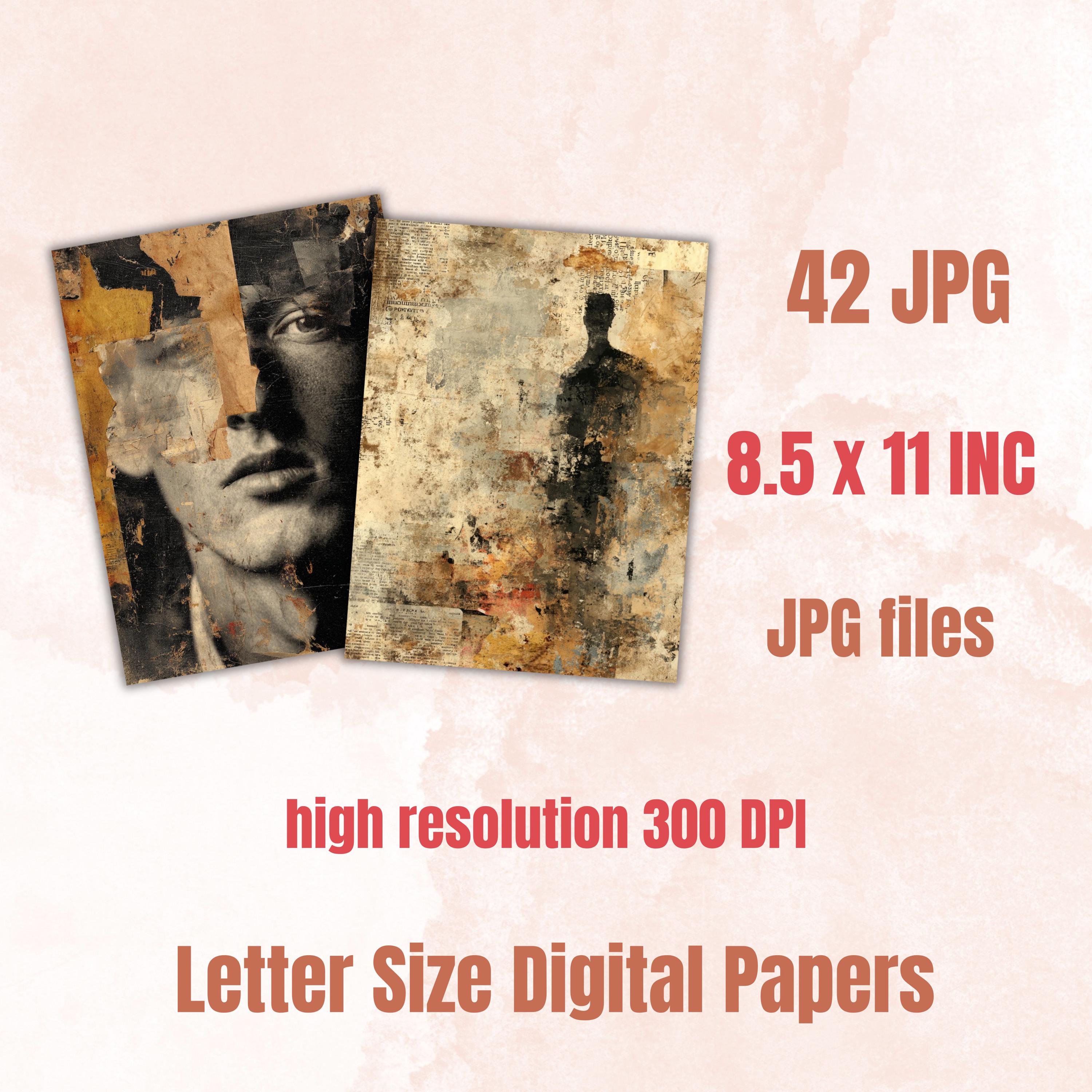 Grunge Man Pages, Masculine Portrait Collage Backgrounds, Vintage Male Junk Journal Paper, Mixed Media Printable, Letter Size
