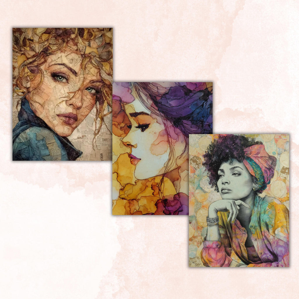 Alcohol Ink Woman Pages, Abstract Female Art Backgrounds, Colorful Portrait Junk Journal Paper, Modern Aesthetic Printable, Letter Size