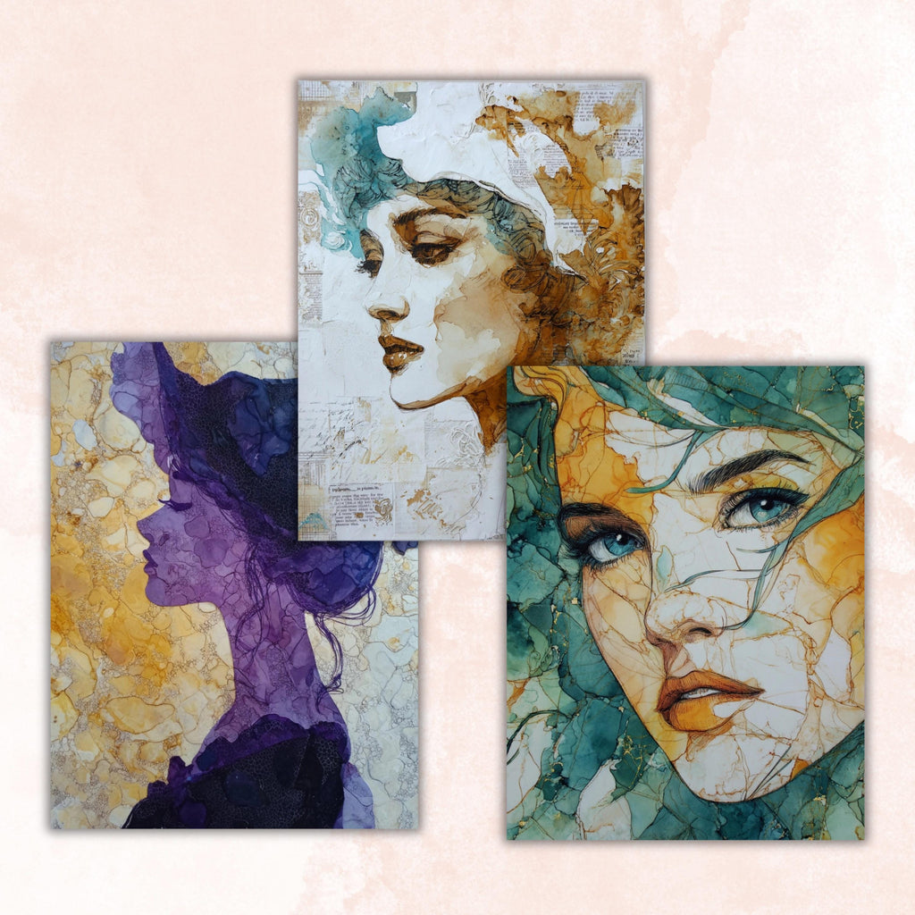 Alcohol Ink Woman Pages, Abstract Female Art Backgrounds, Colorful Portrait Junk Journal Paper, Modern Aesthetic Printable, Letter Size